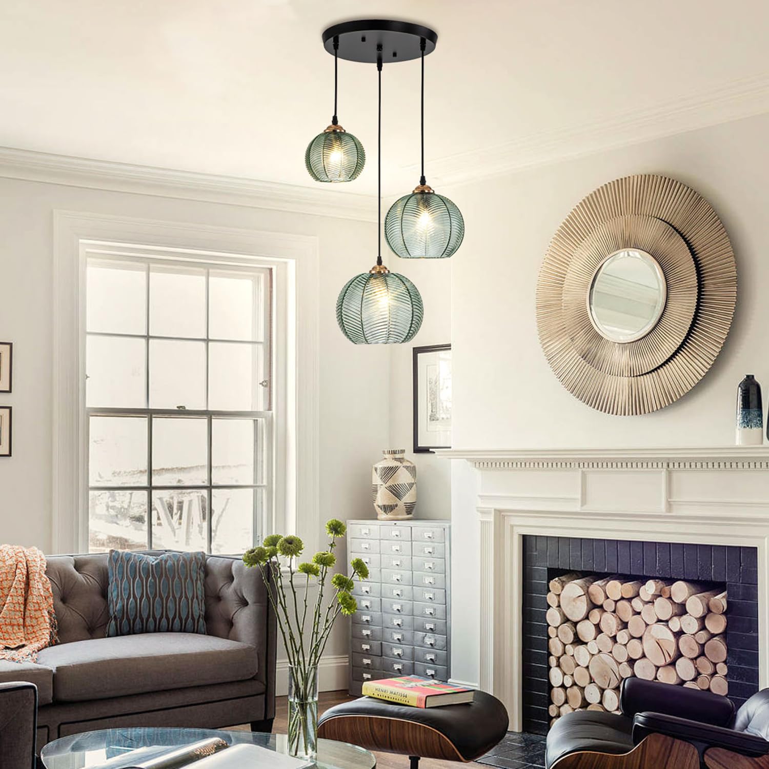 Modern 3-Light Pendant Lighting - Hand Blown Glass Shade Kitchen Island Hanging Light, Green Glass Chandelier for Dining Room, Bedroom & Living Room | Perfect for Home Decor, Kitchen Renovation & Interior Design