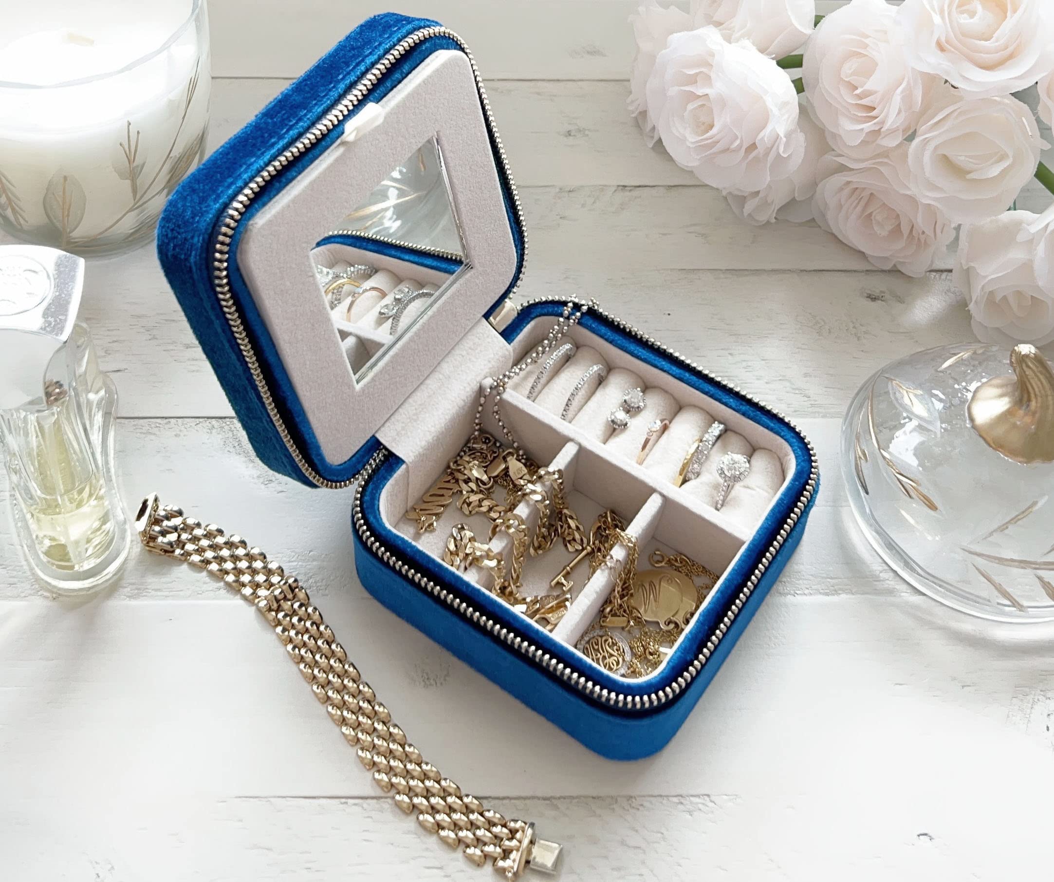 BLU TETE Velvet Travel Jewelry Organizer Box with Mirror - Portable Jewelry Case for Rings, Earrings & Necklaces - Compact Storage for Travel, Home & Gifts (Midnight Blue)