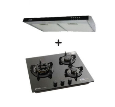 Ellane 60cm/90cm Slimline Hood with Black Panel EH 9160 & WG 248SV 3 Burner Glass Hob - Modern Kitchen Ventilation & Cooking Solution for Home Chefs
