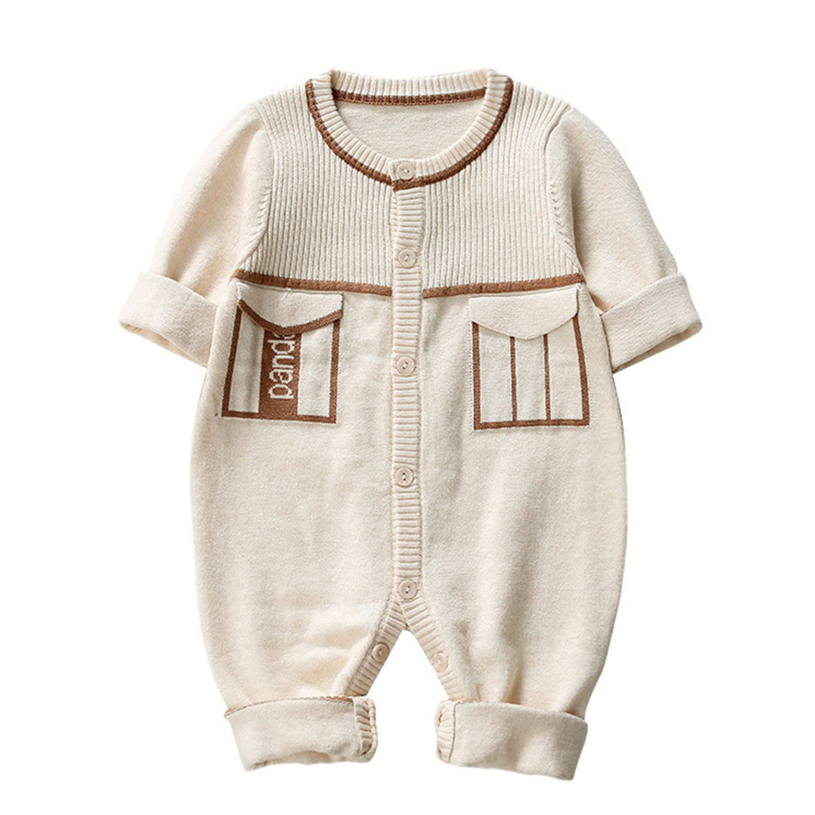 Newborn Baby Knitted Romper - Soft Cotton Long Sleeve Button Down Jumpsuit for Boys & Girls (0-3 Months, Beige) | Perfect for Photoshoots, Family Gatherings & Cozy Winter Outfits