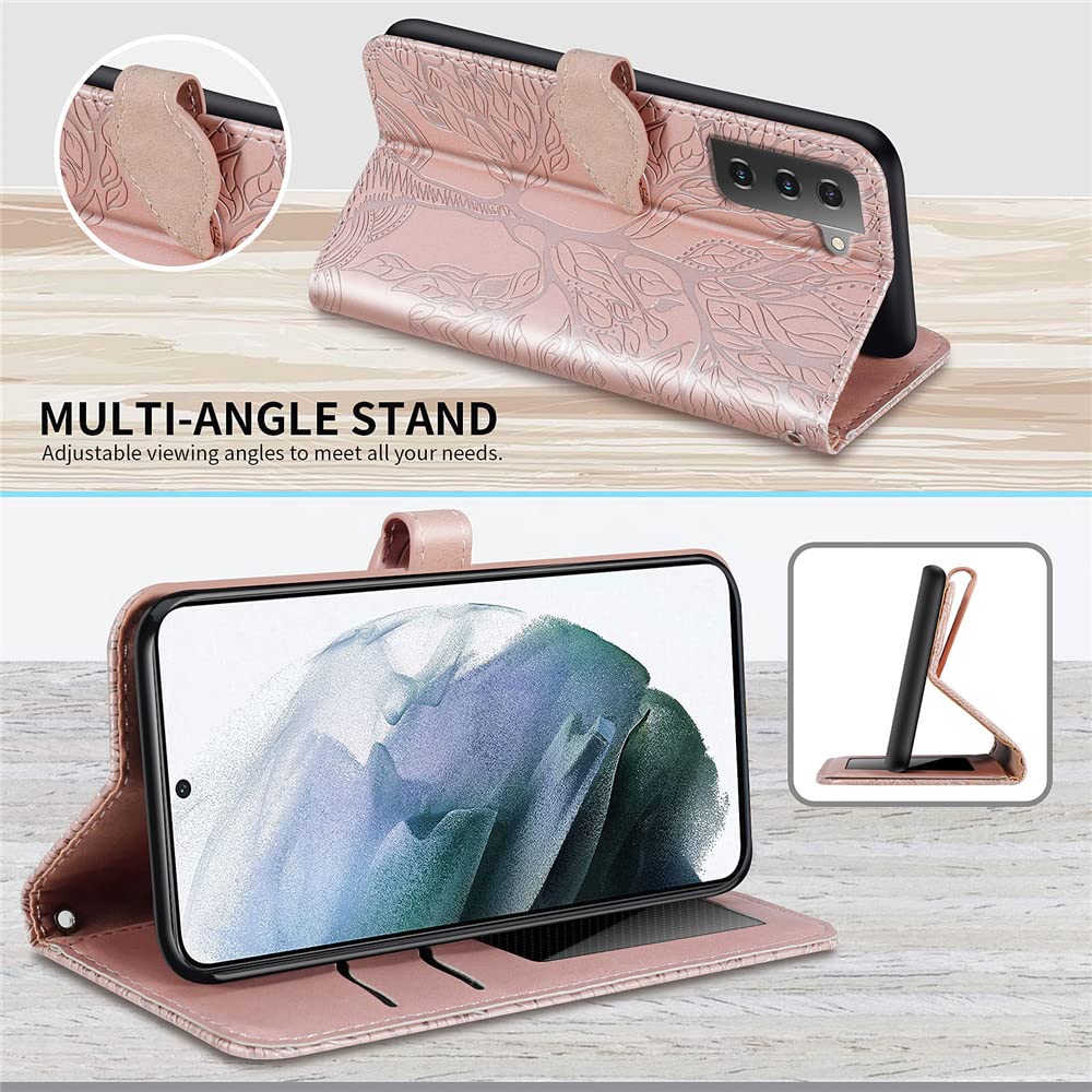 Premium PU Leather Samsung Galaxy S22 Case with Card Slots & Kickstand - Embossed Tree Design, Wrist Strap, 6.1 inch Protective Phone Cover (Rose) - Perfect for Daily Use, Travel & Hands-Free Viewing