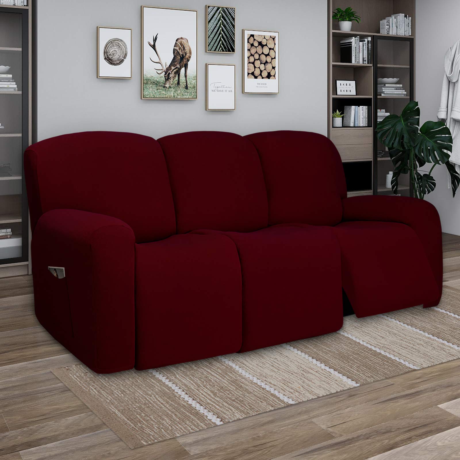PureFit Super Stretch 3-Seater Recliner Sofa Cover with Pockets - Non-Slip Washable Spandex Slipcover for Living Room, Family Room & Home Theater - Furniture Protector for Kids & Pets (Wine Red, Fits Reclining Couches)