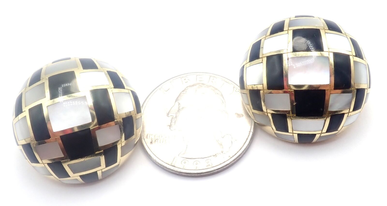 Tiffany & Co Cummings 18k Gold Mother of Pearl Black Jade Checkerboard Earrings for Women - Luxury Statement Jewelry for Parties, Weddings & Special Occasions