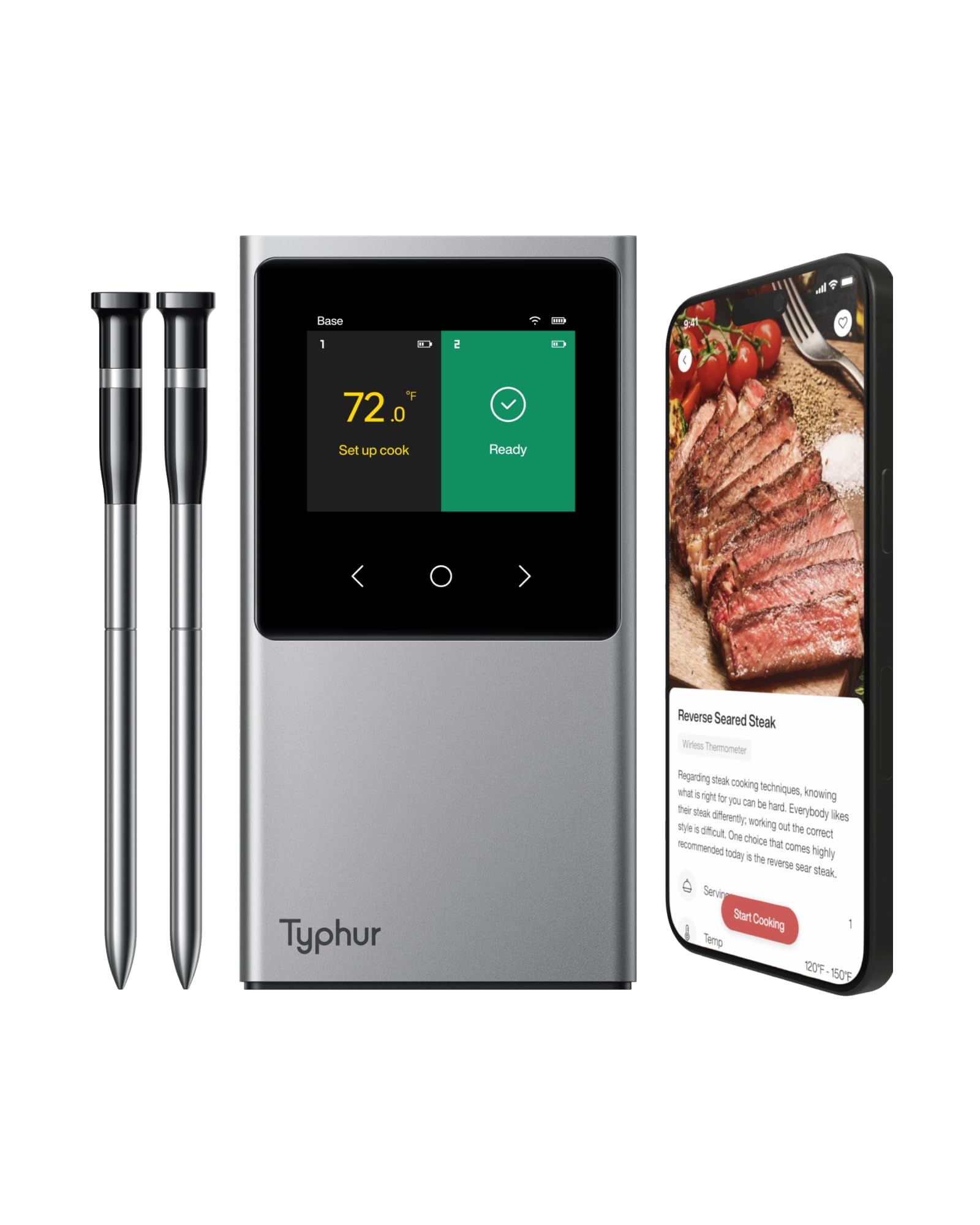 Typhur Sync Smart Wireless Meat Thermometer with 2 Probes & 6 Sensors - Bluetooth 5.4 & WiFi Monitoring | Waterproof Cooking Thermometer for BBQ, Grilling, Smoking, Baking | Perfect for Outdoor Cooking & Kitchen Use (Silver Gray)