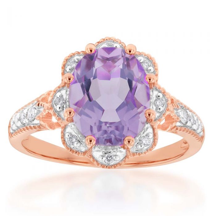 9ct Rose Gold 2.40ct Amethyst & 1/10ct Diamond Ring for Women - Elegant Purple Gemstone Jewelry for Engagement, Anniversary & Special Occasions