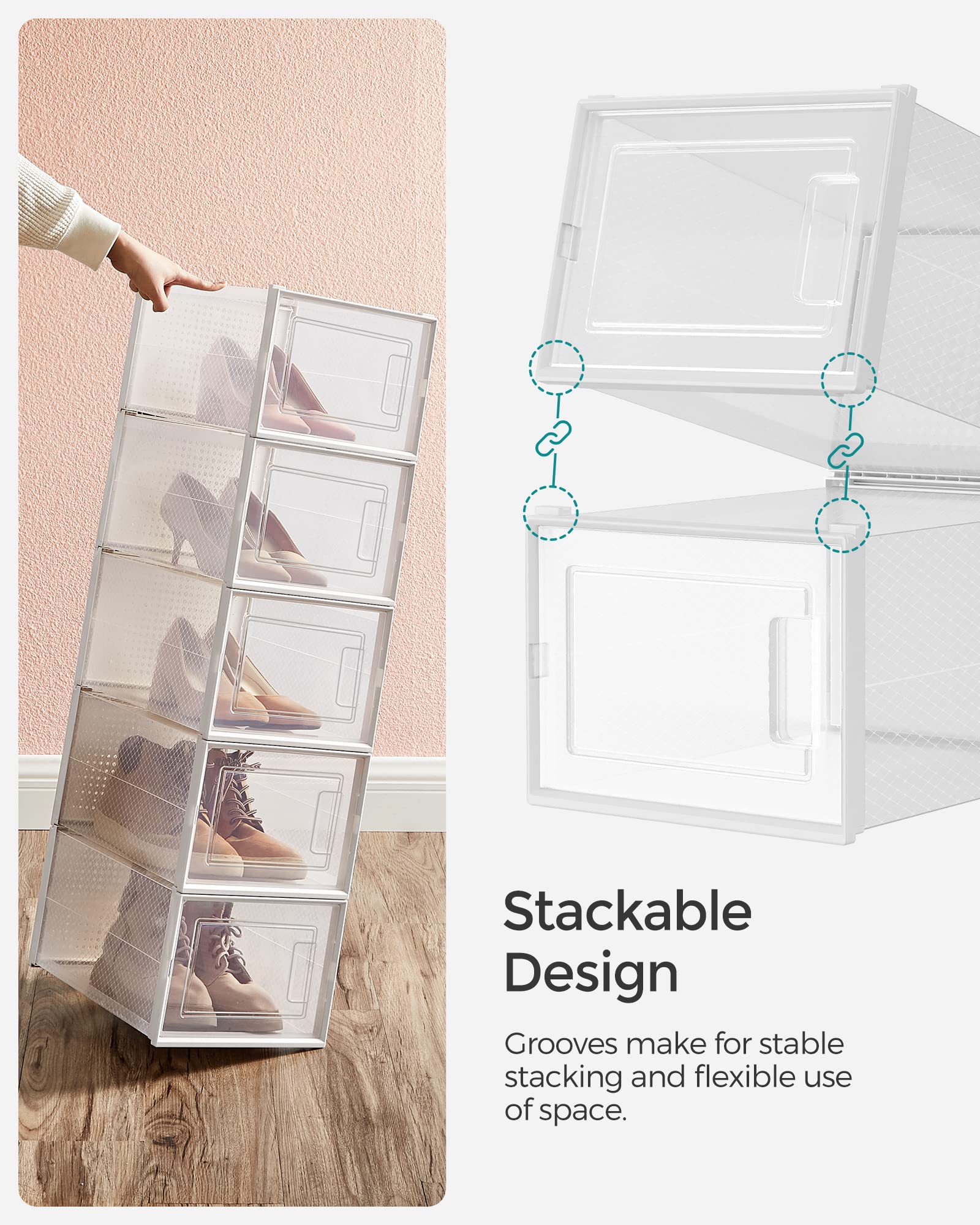 SONGMICS 18-Pack Clear Plastic Shoe Storage Boxes - Stackable Shoe Organizers for Closet, Sneakers, Boots (9.9 x 13.7 x 7.4 Inches) - Fits Up to US Men's Size 13 - Transparent & White ULSP18MWT | Perfect for Home Organization, Bedroom Closet, and Shoe Display