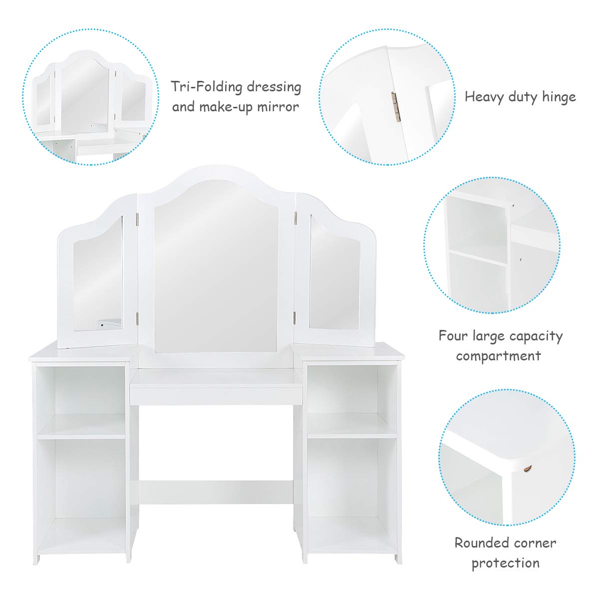 GOFLAME Kids Vanity Table with Writing Desk - 2 in 1 Detachable Princess Style Vanity Set, White MDF with Plastic Mirror, 42
