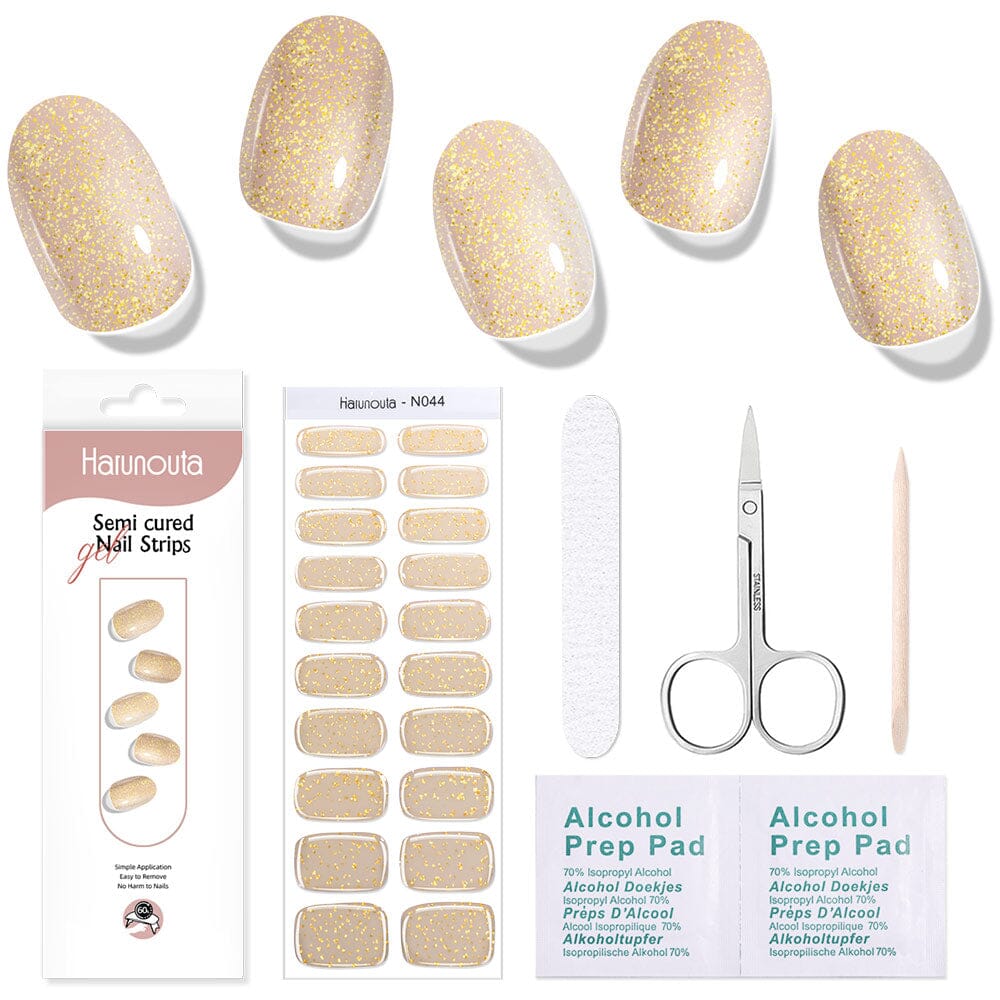 20 Tips Gold Shimmer Semi-Cured Gel Nail Strips - Long Lasting DIY Manicure Kit for Home & Salon Use | Perfect for Parties, Weddings & Special Occasions
