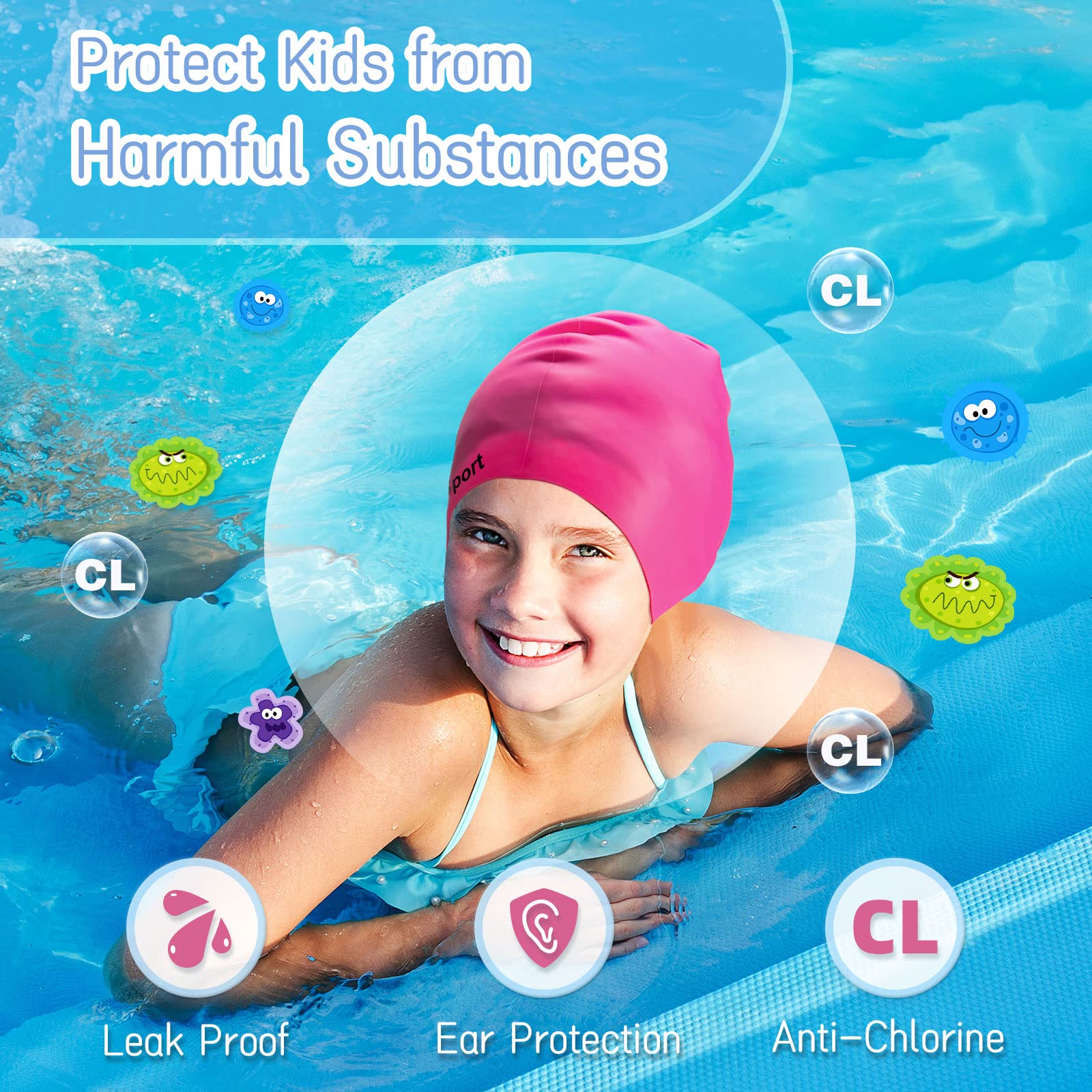 EverSport Kids & Youth Large Swim Cap for Girls Ages 6-14 - Silicone Swimming Cap for Long Hair & Braids - Keeps Hair Dry - Perfect for Swimming Lessons, Pool Parties & Beach Activities