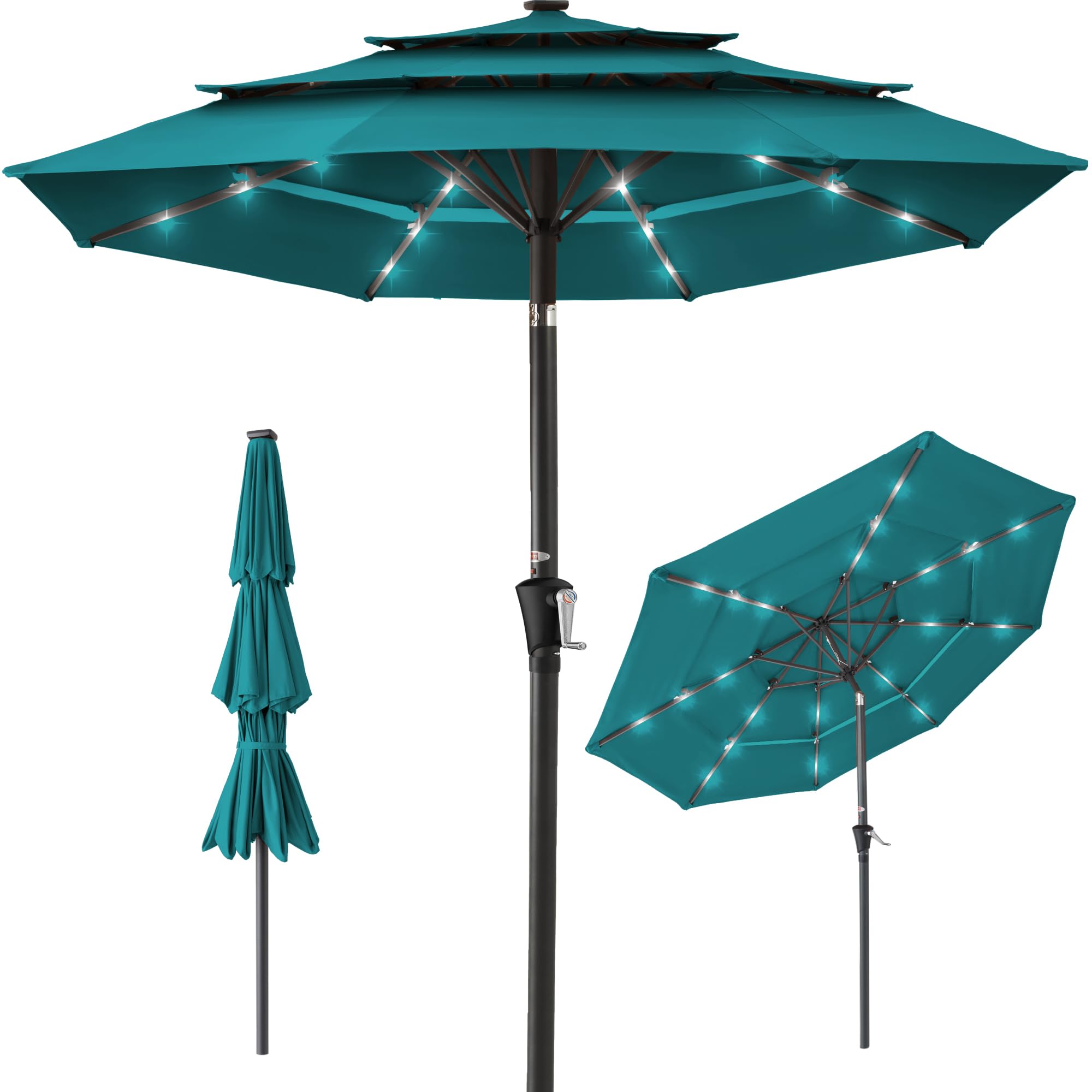 Best Choice Products 10ft 3-Tier Solar Patio Umbrella with 24 LED Lights - Adjustable Tilt & Easy Crank - Outdoor Sun Shade for Backyard, Deck, Poolside - Perfect for Summer BBQs, Beach Parties & Garden Relaxation