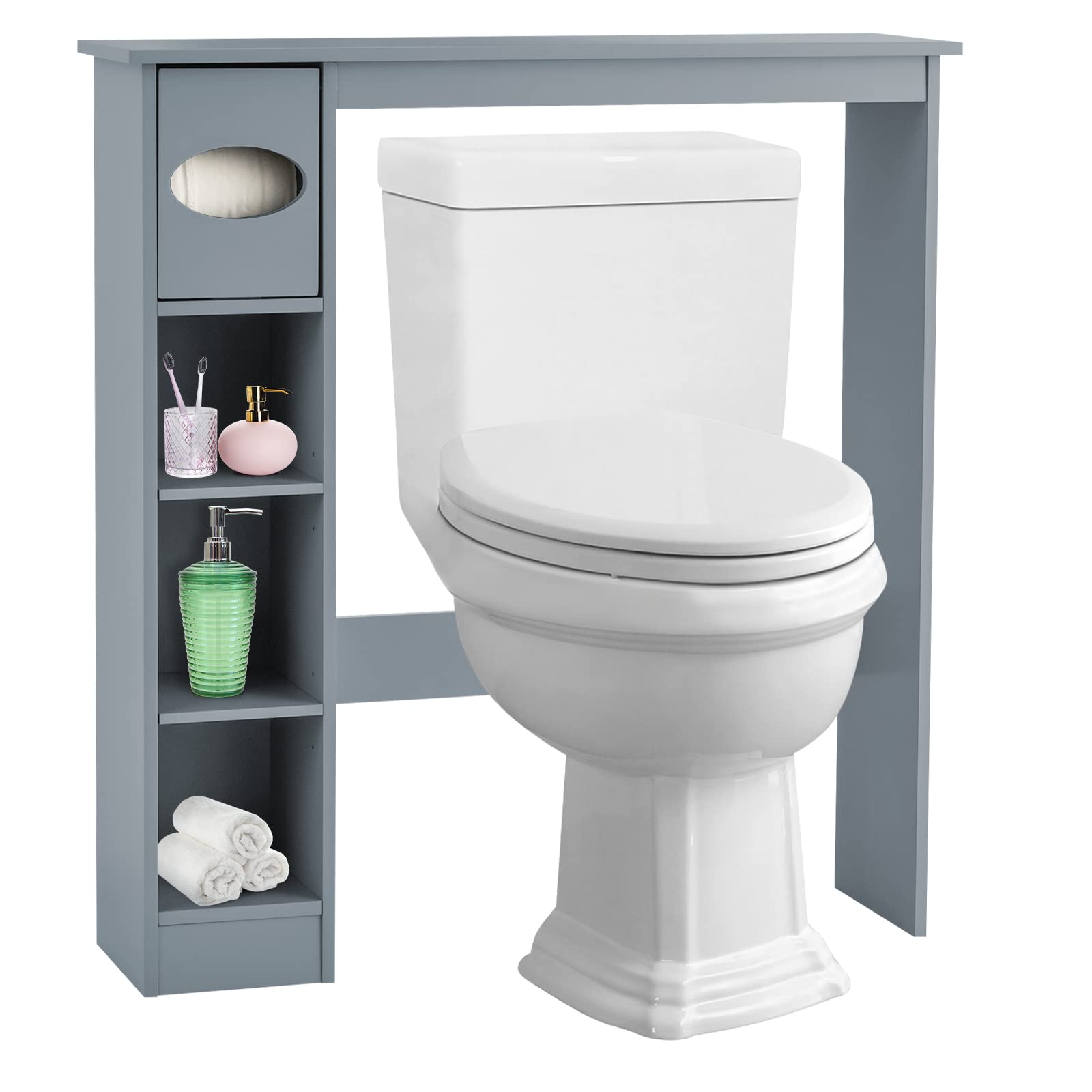 Tangkula Wooden Over The Toilet Storage Cabinet with Paper Holder & Adjustable Shelves - Freestanding Bathroom Organizer for Small Spaces | Perfect for Toilet Paper Storage, Towel Racks & Bathroom Essentials Organization