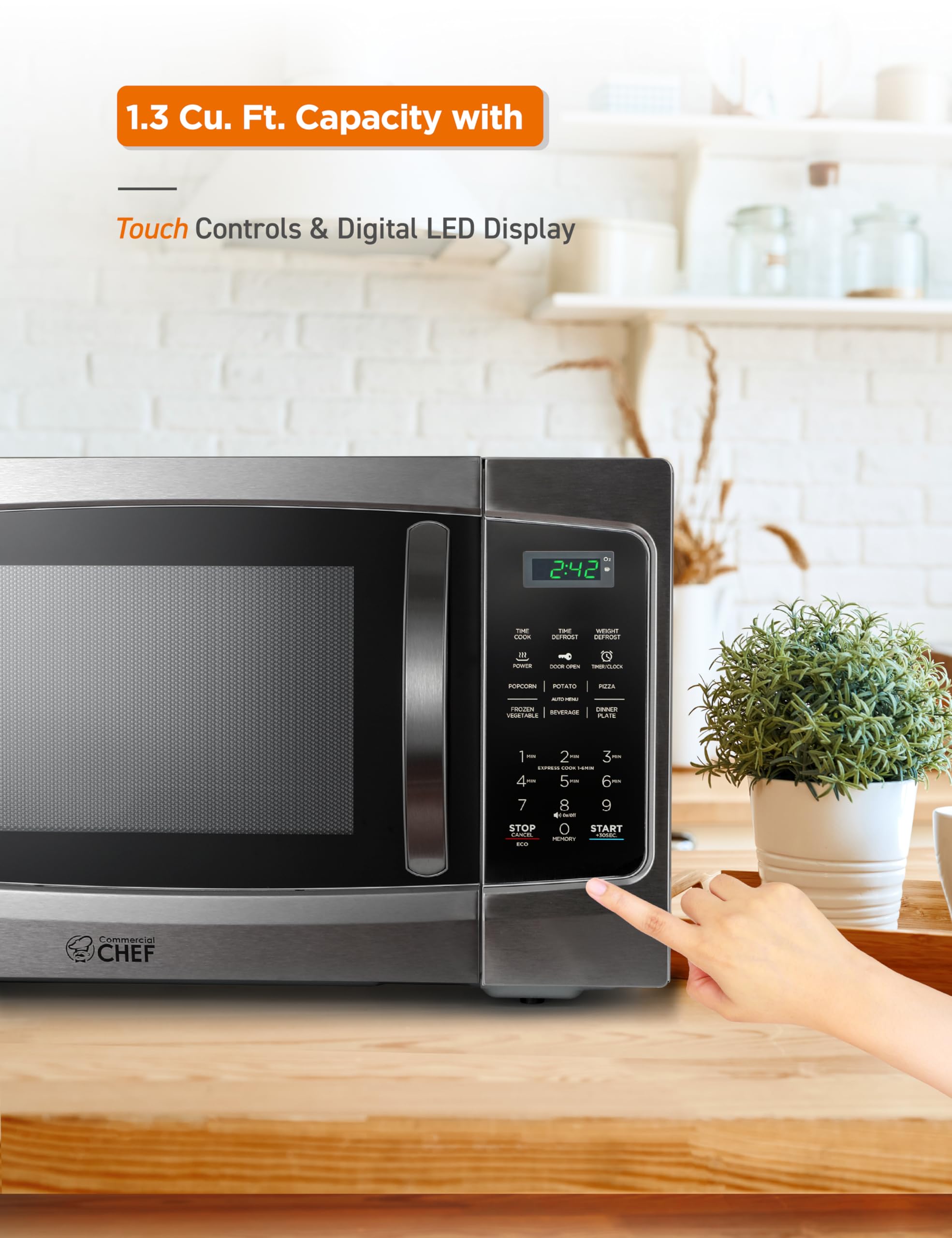 Commercial Chef 1.3 Cu Ft 1000W Stainless Steel Countertop Microwave with 10 Power Levels, Pull Handle Door Lock, Digital Controls & Timer - Perfect for Home Kitchen, Office Breakroom or Dorm Room