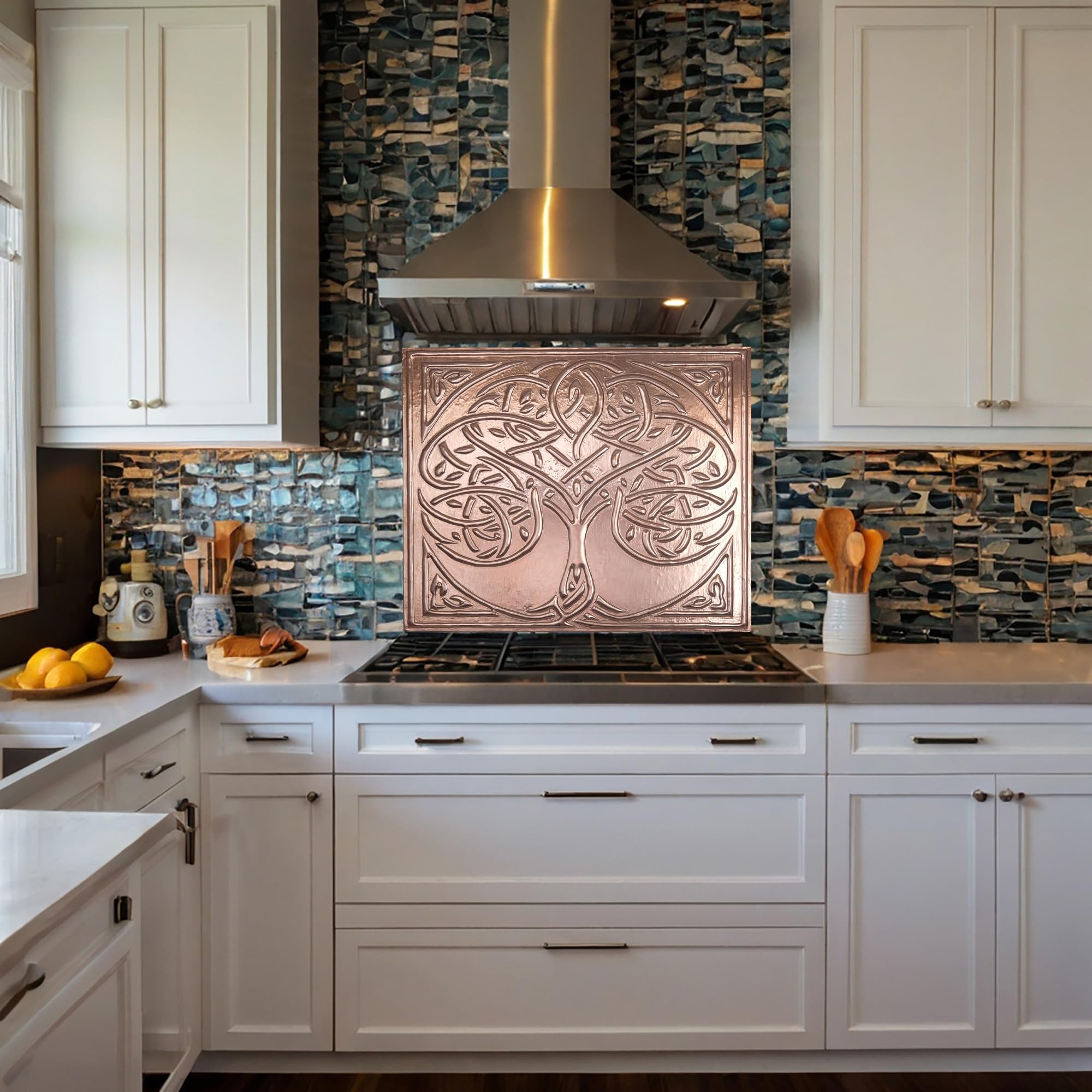 Handmade Copper Kitchen Backsplash - Celtic Tree of Life Design, Rustic Wall Decor Tile Art for Farmhouse & Modern Kitchens | Waterproof & Easy to Clean Backsplash Panel for Stove, Sink & Countertop Protection