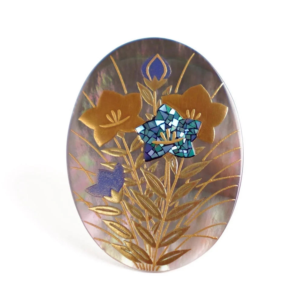 Handmade Maki-e Urushi Lacquer Brooch - Black Lip Pearl & Bellflower Design | Traditional Japanese Lacquer Jewelry for Women | Perfect for Kimono, Formal Wear & Special Occasions