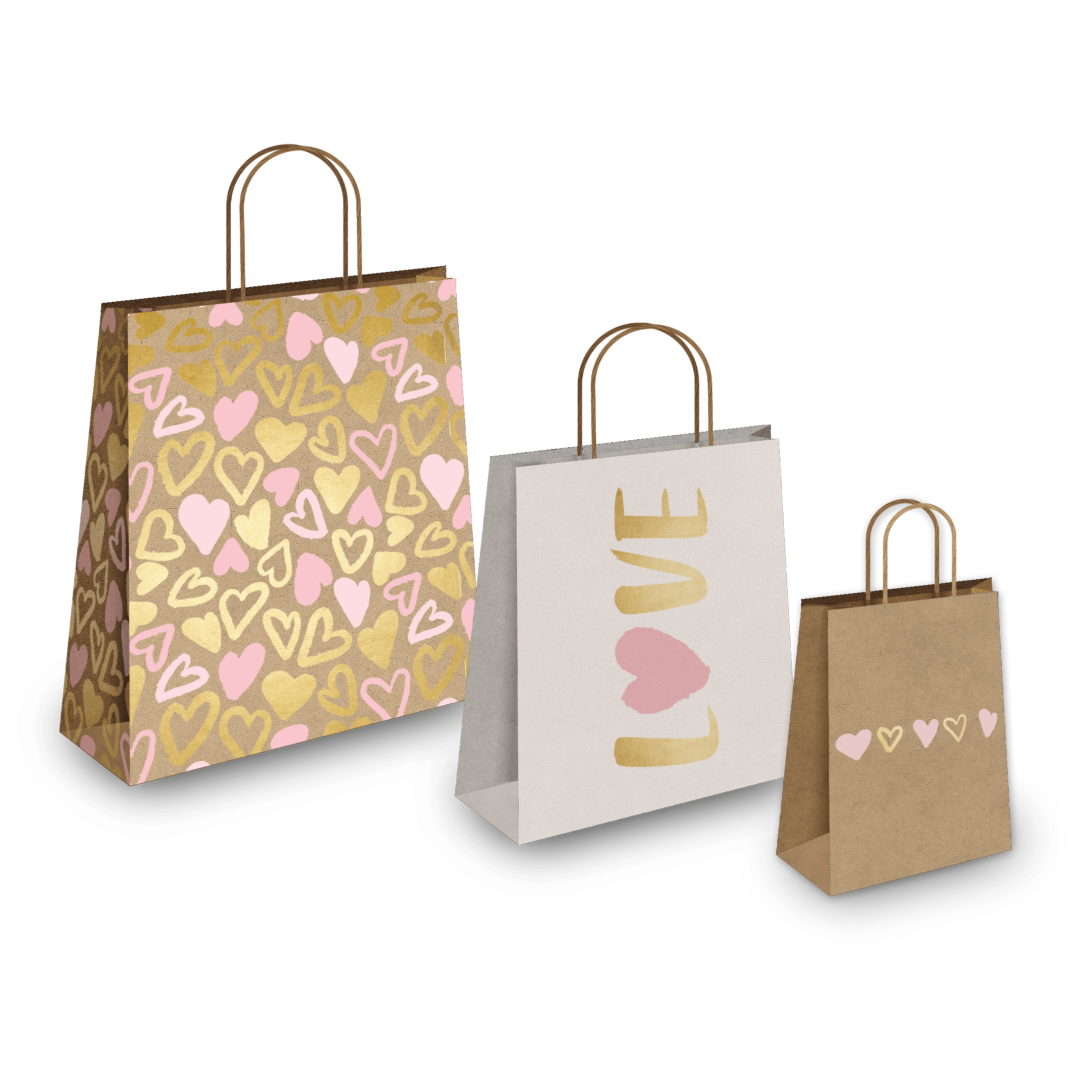Pink and Gold Heart Kraft Paper Gift Bags - Assorted Sizes for Valentine's Day, Birthday Party Favors, Wedding Favors & Small Gift Packaging
