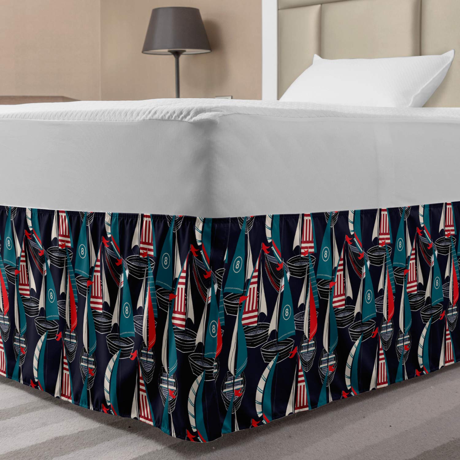 Ambesonne Navy Blue Bed Skirt - Hand Drawn Colorful Boat Design with Number 8 on Plain Backdrop | Elastic Dust Ruffle Wrap Around for Queen/King Size Beds | Perfect for Coastal & Nautical Bedroom Decor