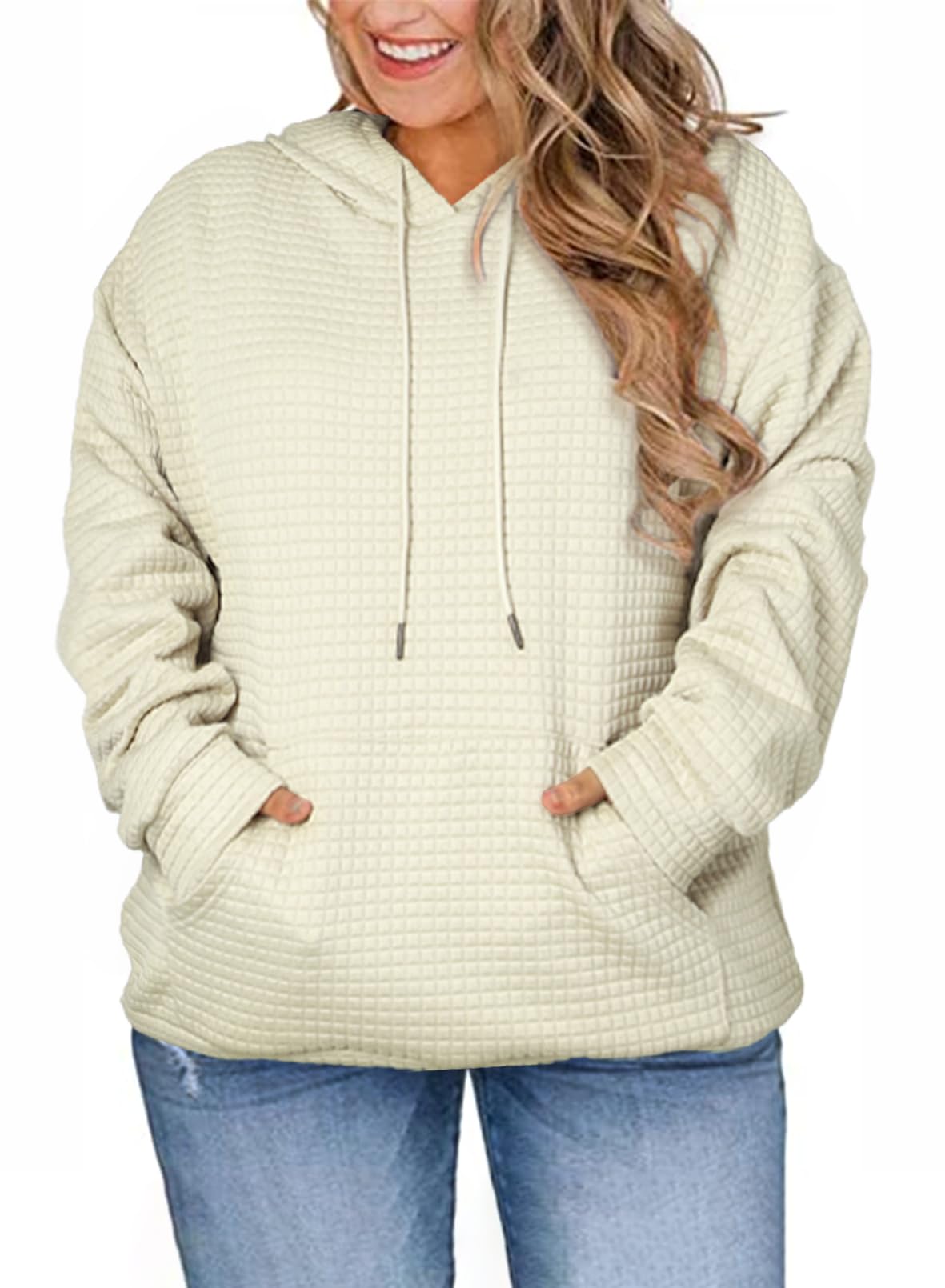 Eytino Women's Plus Size Hoodie - Casual Long Sleeve Waffle Pullover Sweatshirt with Drawstring & Pocket (1X-5X) | Cozy Lounge Wear for Fall & Winter