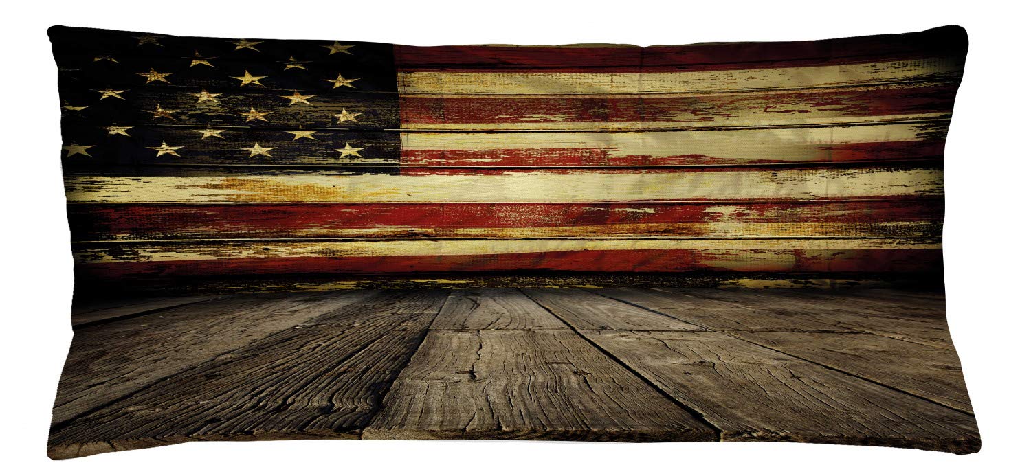 Ambesonne Vintage American Flag Throw Pillow Cover 36x16 Inches - Distressed Wooden Plank Design in Umber, Cream, Red & Blue - Decorative Rectangle Cushion Case for Sofa, Bed & Home Decor