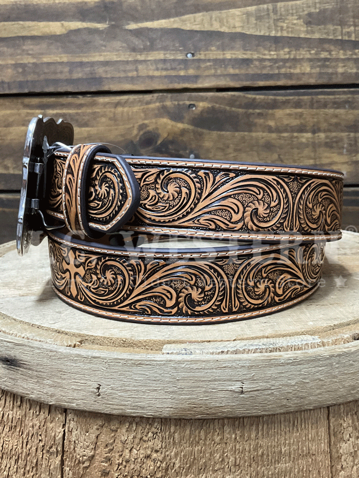 Nocona Women's Embossed Cross Leather Belt - Natural Brown Western Style Belt for Cowgirl Fashion & Everyday Wear