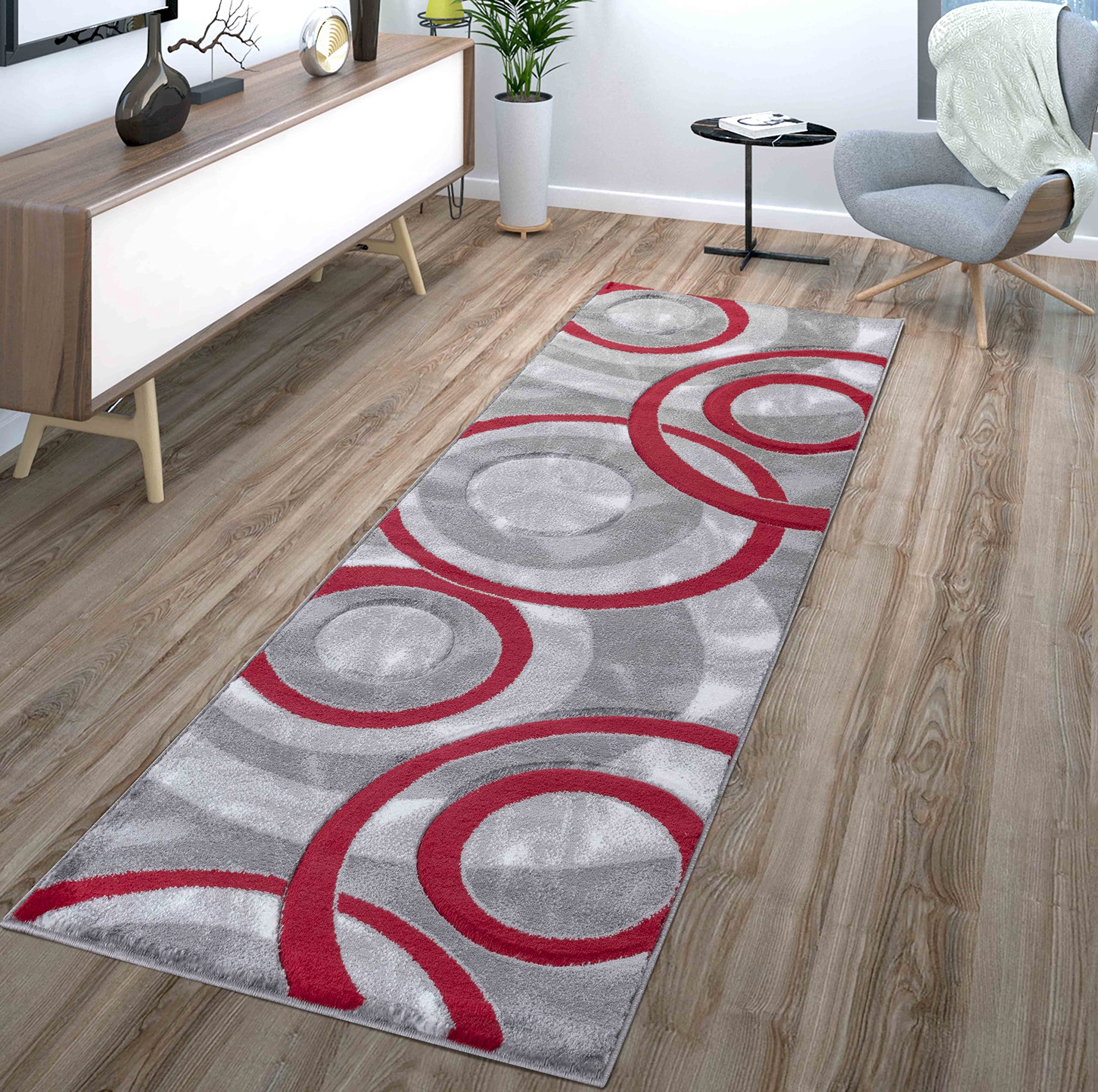 GLORY RUGS Modern 2x7ft Geometric Area Rug - Soft Hand Carved Light Red Circles Design, Fluffy Plush Texture for Living Room, Dining Room & Bedroom | Contemporary Floor Carpet for Home Decor & Cozy Interior Styling