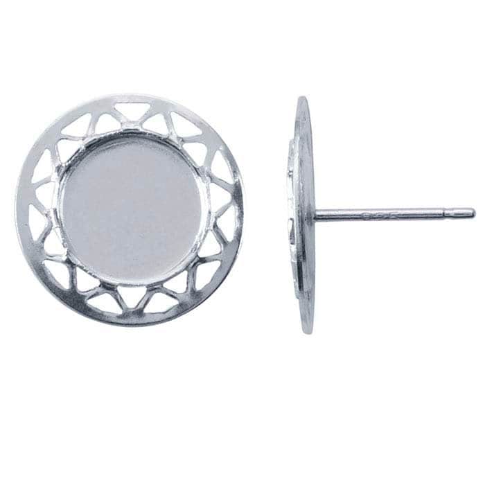 Sterling Silver 8mm Round Cabochon Geometric Edge Post Earrings - Blank Stud Earring Settings for DIY Jewelry Making - Perfect for Wedding, Party & Everyday Wear