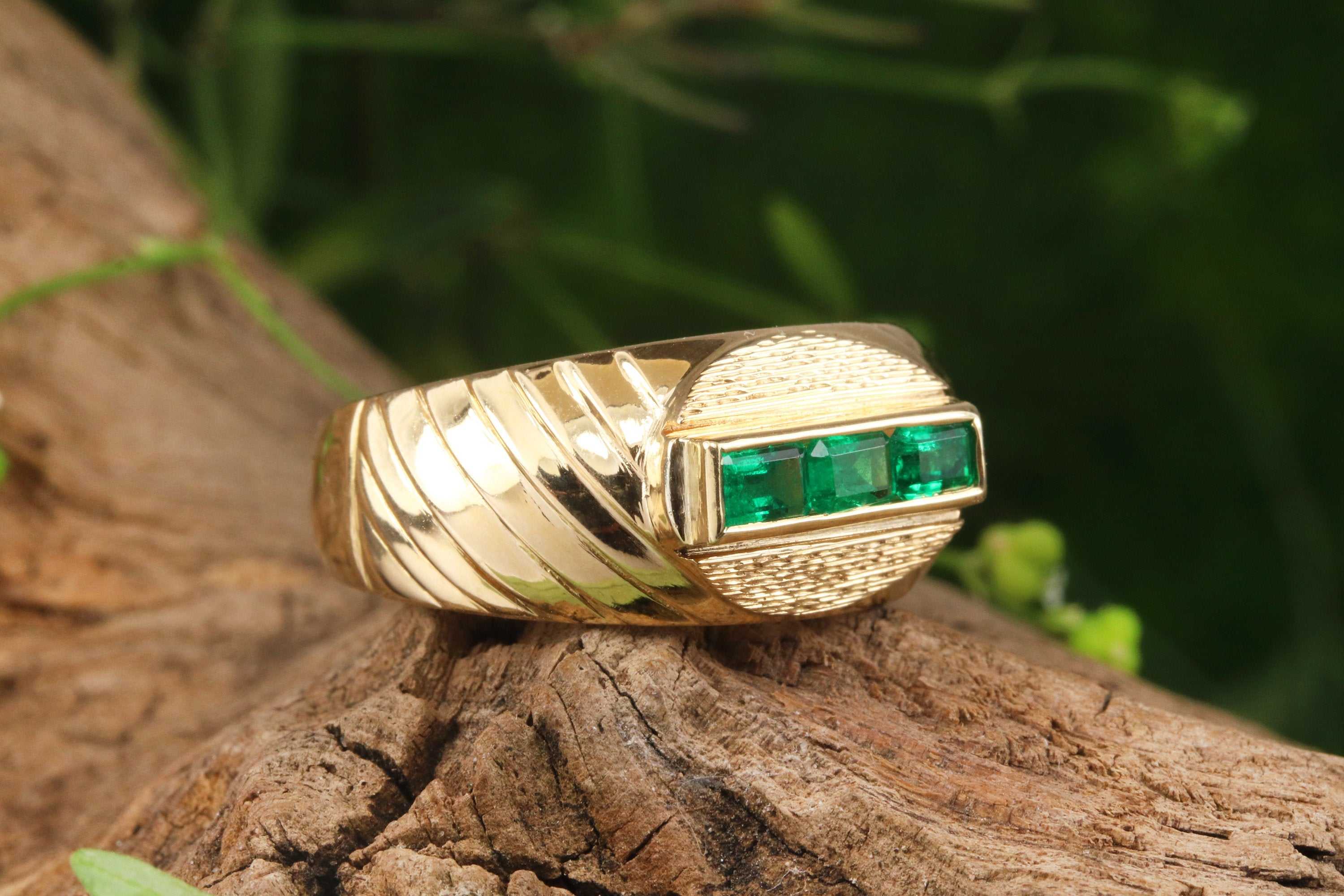 0.60tcw Deep Green Emerald Channel Set 14K Gold Men's Ring - Elegant Wedding Band, Anniversary Gift for Him, Perfect for Formal Occasions & Special Events