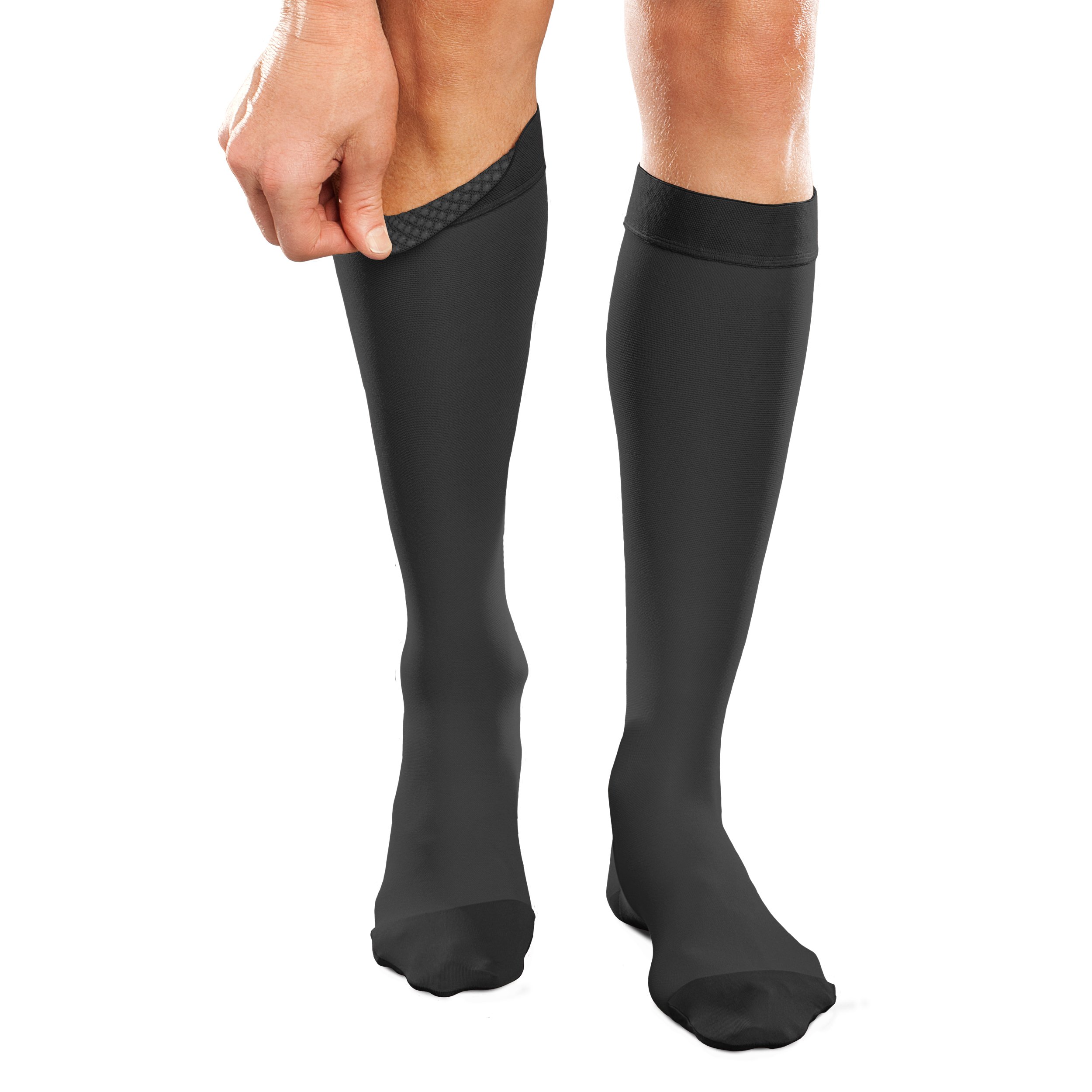 Firm Compression Stockings 30-40mmHg Knee High Opaque Silicone Support Band - Black, Large Short for Women & Men - Ideal for Varicose Veins, Swelling, Travel & Long Standing