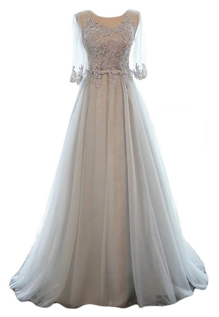 Elegant Women's Half Sleeve Lace Applique Tulle Formal Evening Gown - Perfect for Prom, Wedding Guest & Black Tie Events