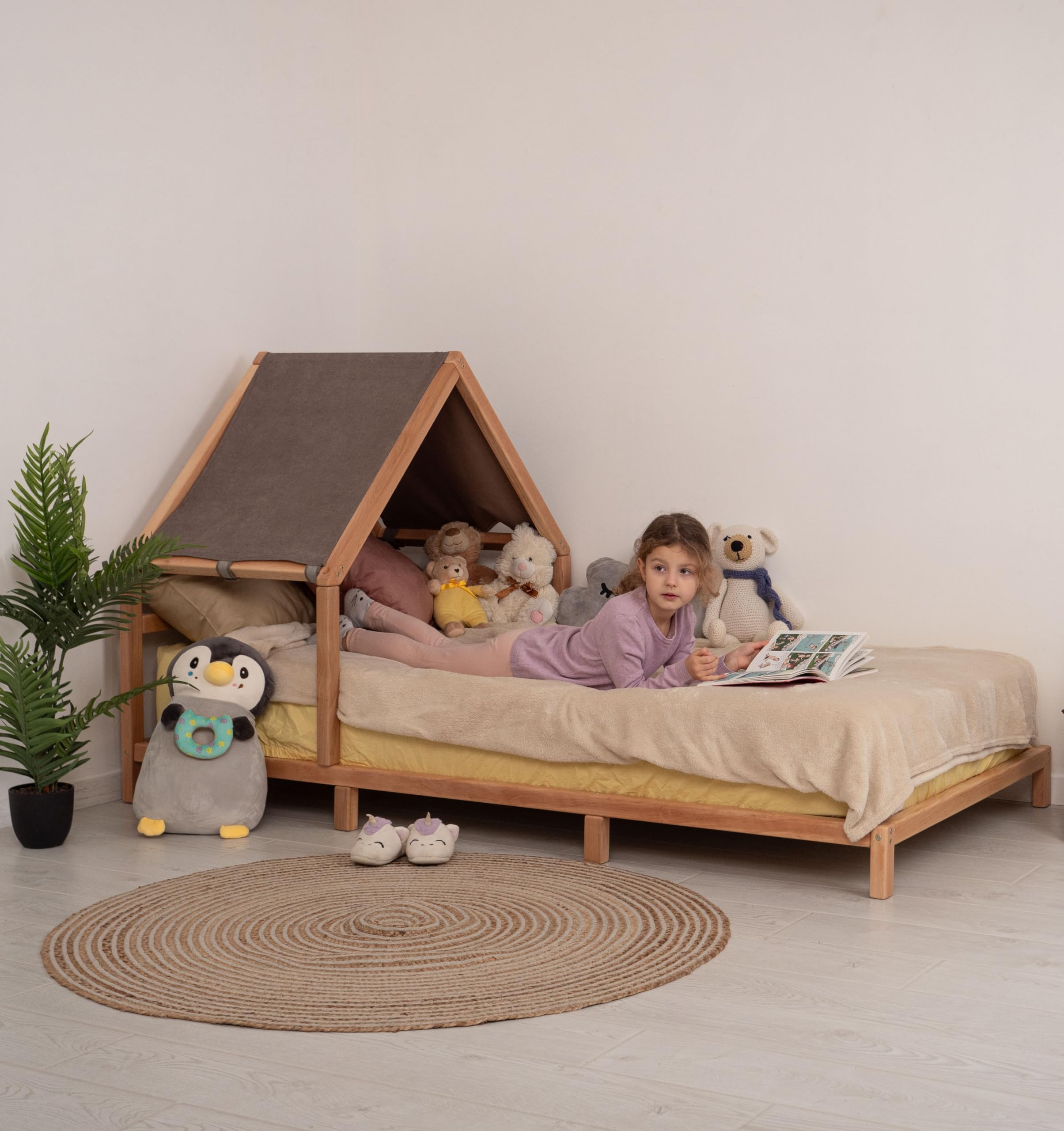 Montessori Toddler Bed Frame - Low Profile Twin Size House Bed with Legs for Kids Room, Daybed & Canopy Design - Safe & Sturdy Wooden Frame for Toddler Bedroom, Playroom or Nursery Decor
