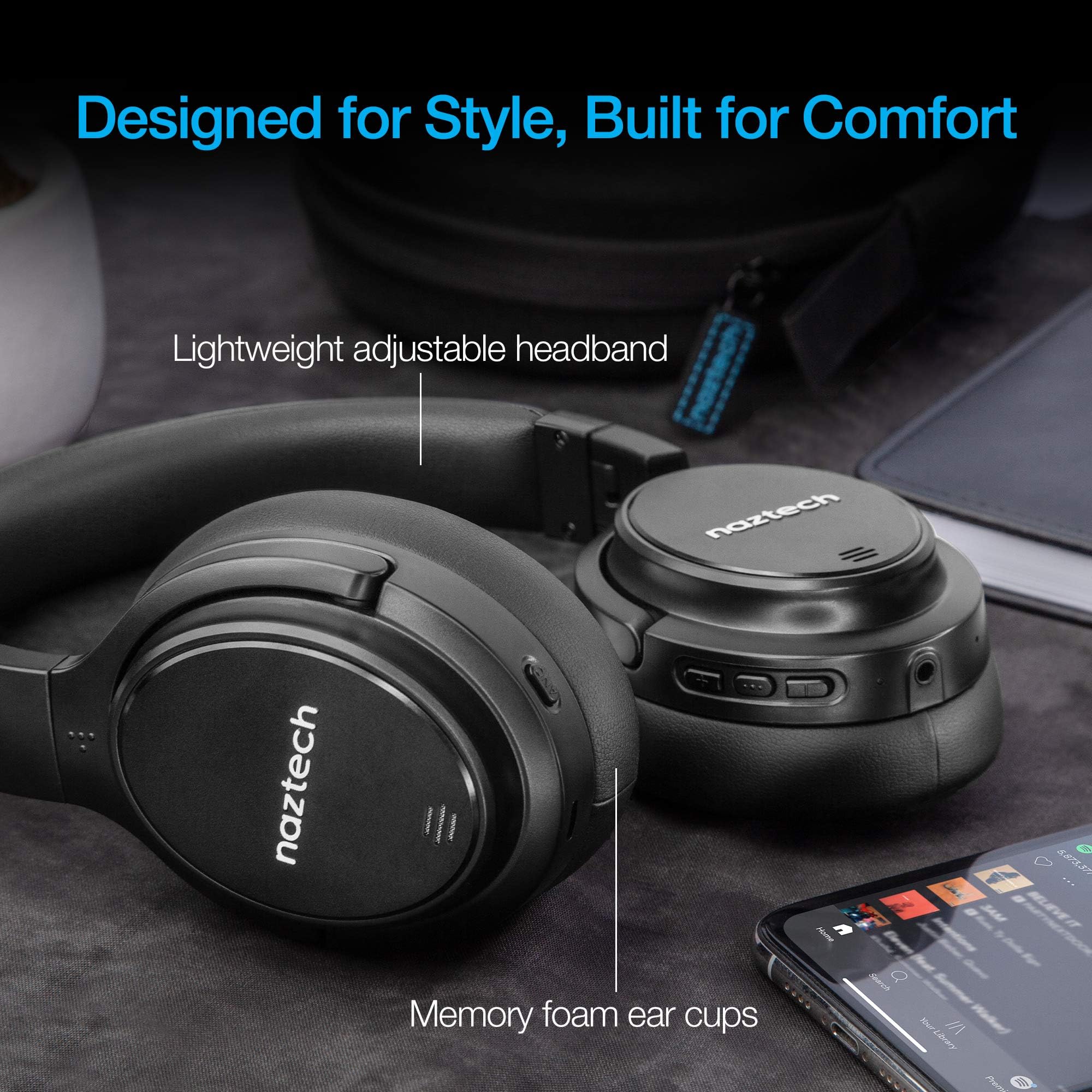 Naztech Driver ANC 1000 Active Noise Cancelling Bluetooth Headphones with 4 Microphones - Comfortable Over-Ear Wireless Headset, 50Hr Battery Life - Perfect for Home Office, Online Classes, Travel & Entertainment (Black) 15136