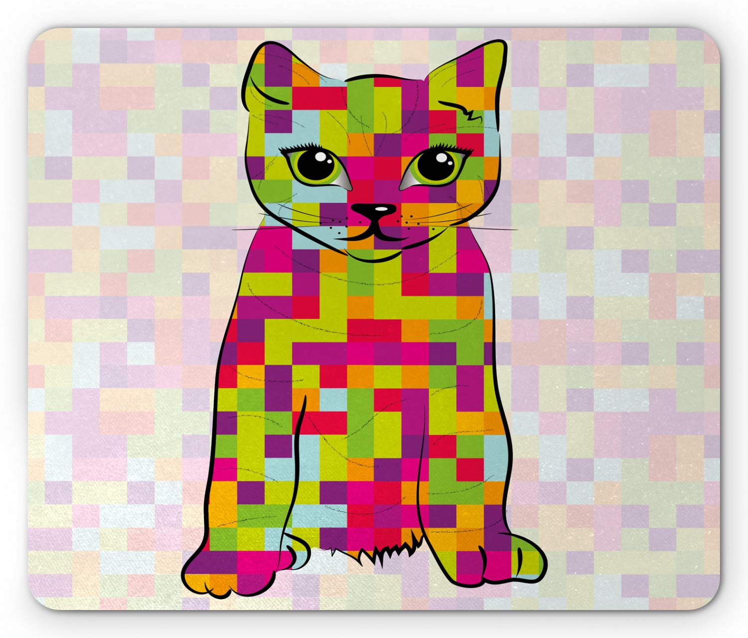 Ambesonne Modern Mouse Pad - Colorful Digital Fractal Pixel Cat Design, Non-Slip Rubber Base, Standard Size Rectangle Mousepad for Office & Gaming | Perfect for Computer Workstations, Home Offices & Gaming Setups
