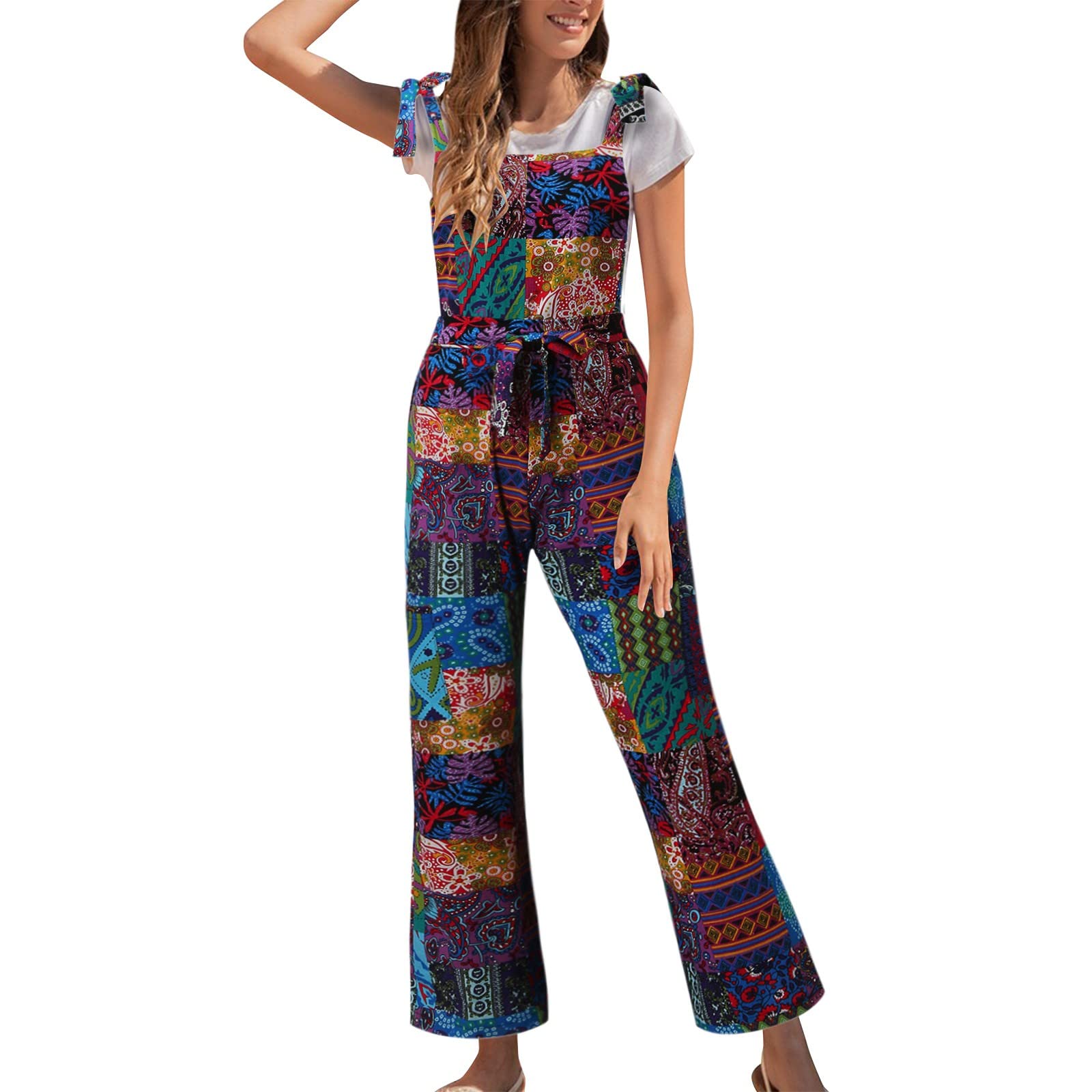 Vintage Floral Print Women's Jumpsuit - Long Sleeve Straps Romper with Casual Loose Fit | Perfect for Spring Outfits, Date Nights & Boho Fashion