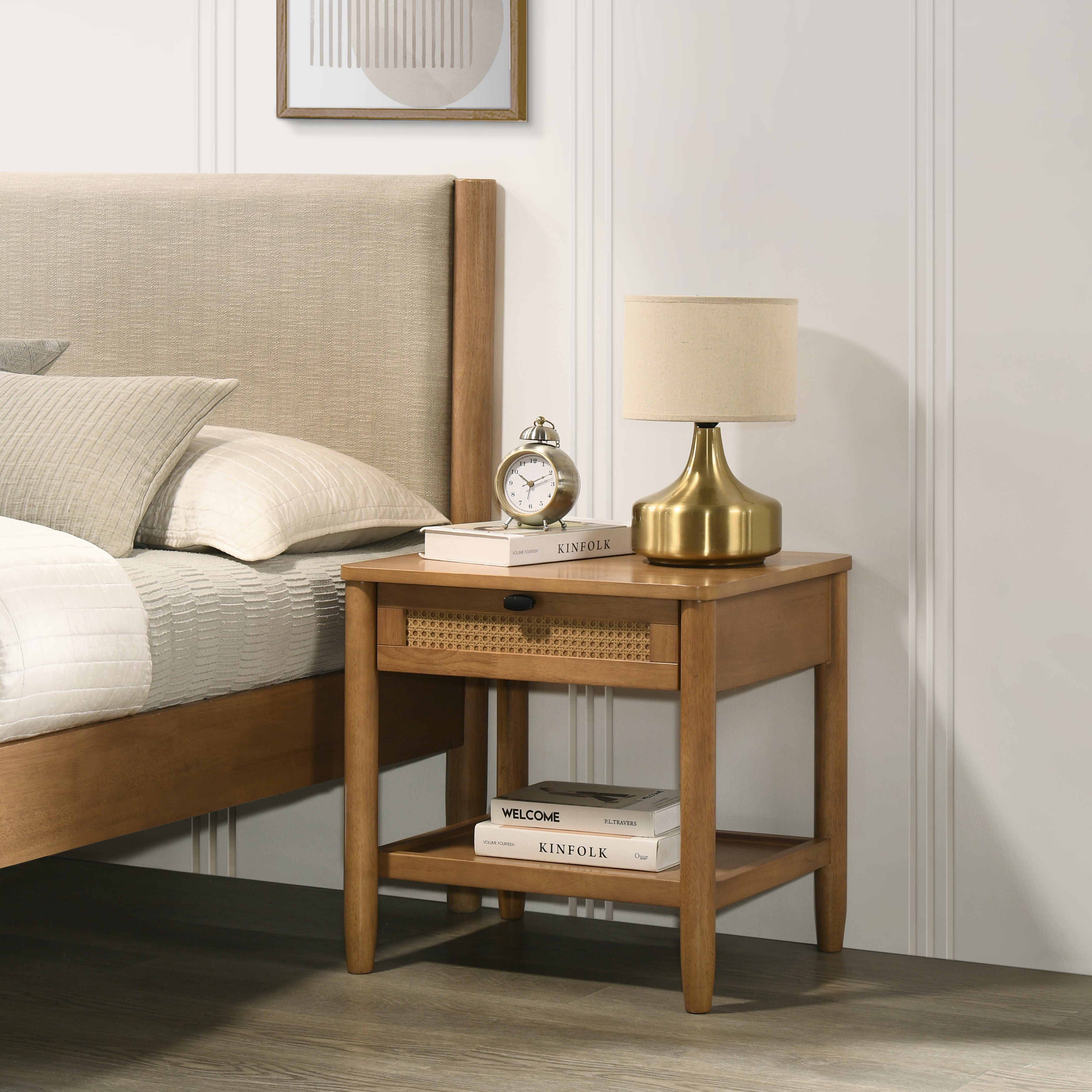 Roundhill Furniture Vichy Single Drawer Nightstand with Shelf - Light Walnut Finish Bedside Table for Bedroom, Living Room or Office - Compact Storage Solution with Drawer and Open Shelf