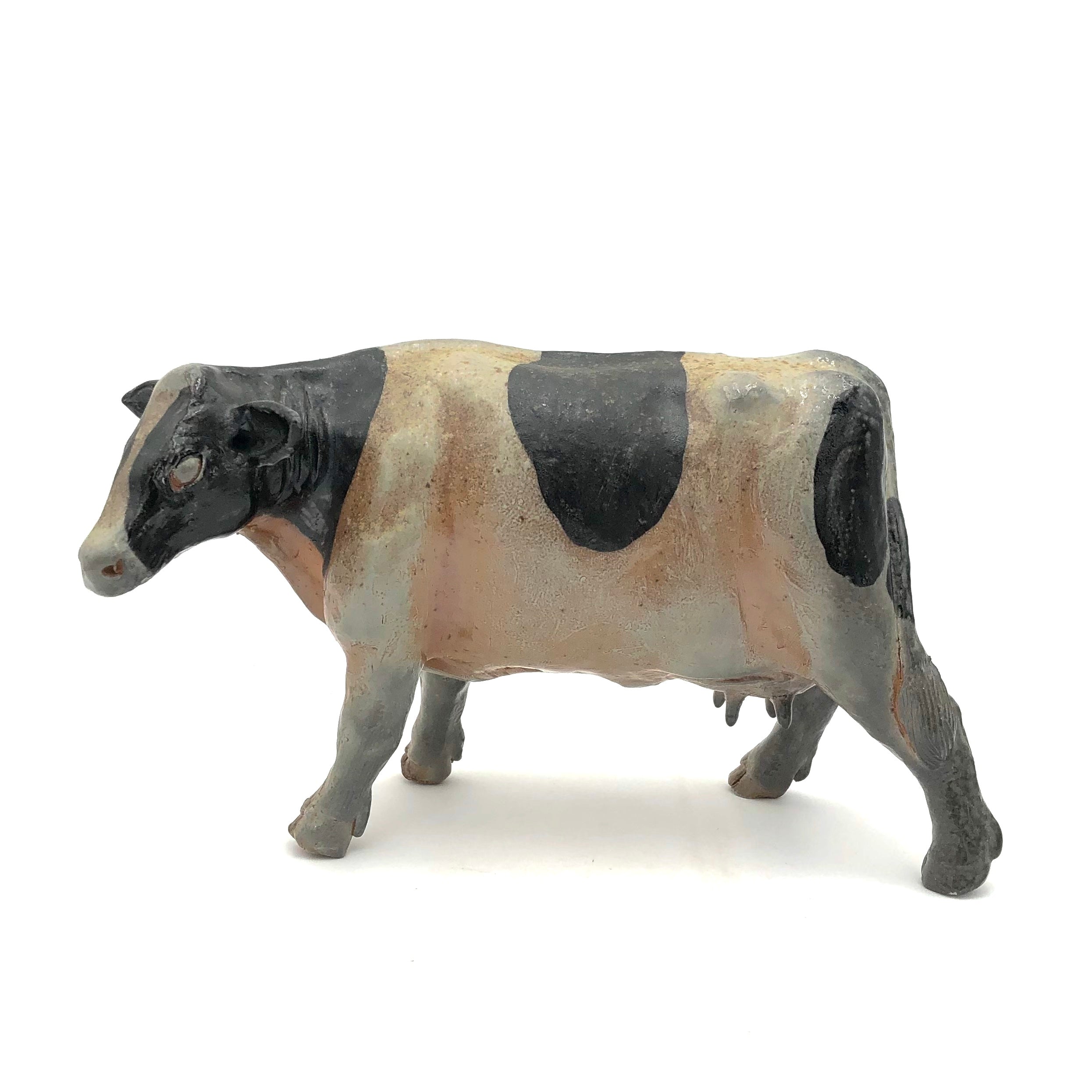 Brian Horsch Handmade Wood Fired Ceramic Sculpture - Realistic Dairy Cow Statue for Farmhouse Decor, Rustic Home & Garden Art