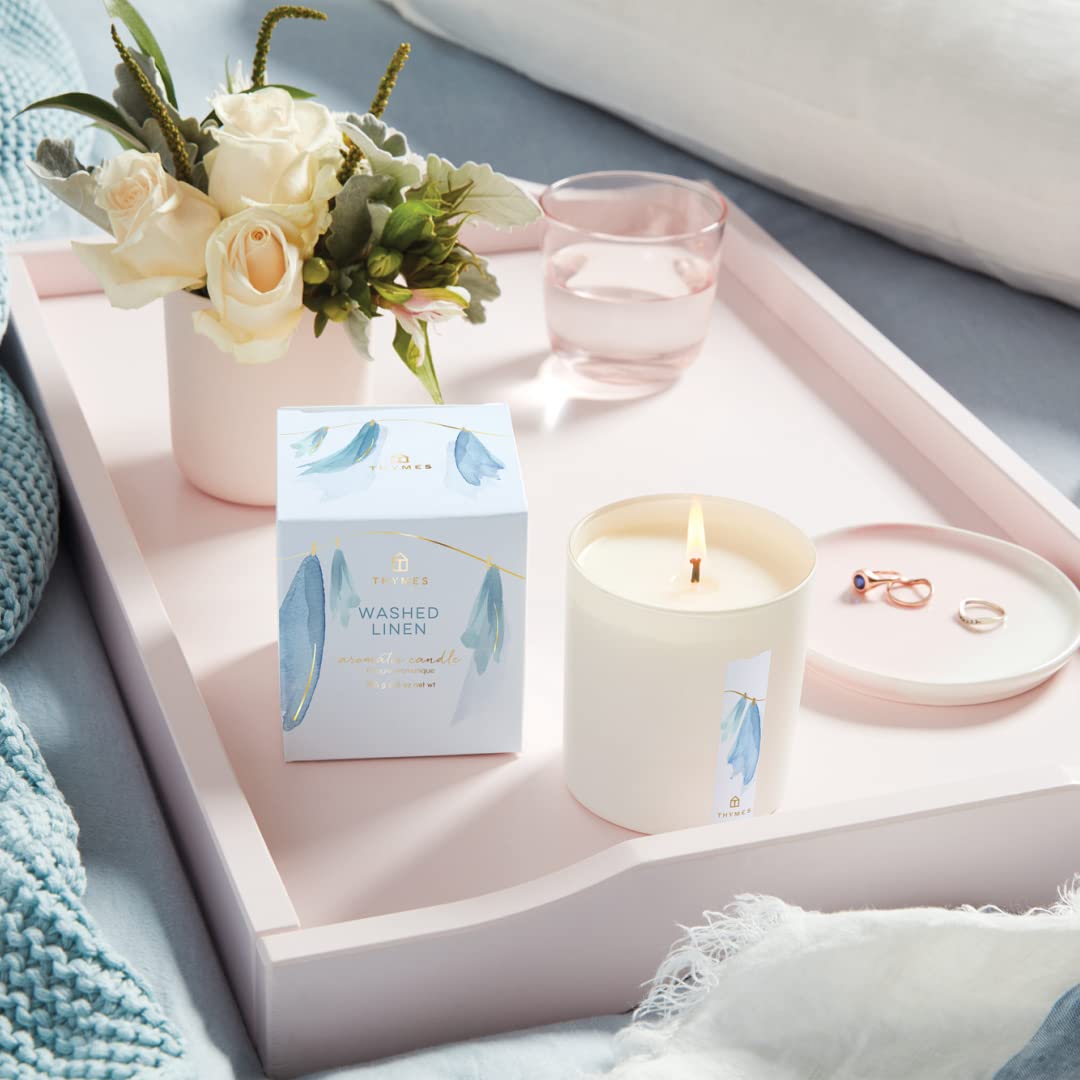Thymes Washed Linen Scented Candle - 8oz Soy Wax Candle for Home, Relaxation & Aromatherapy | Perfect for Bedroom, Bathroom & Living Room Decor