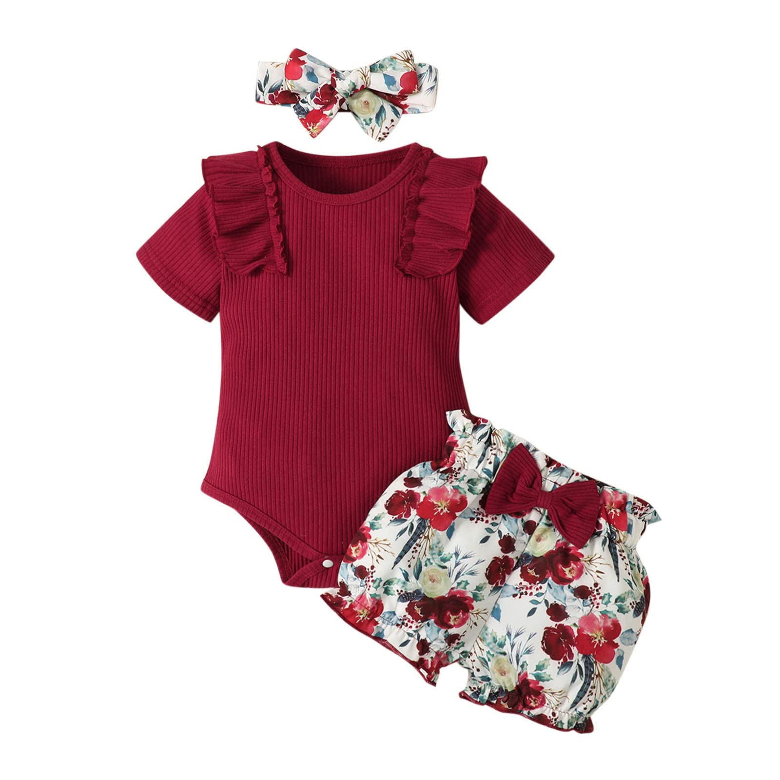 Infant Girls' Ruffled Short Sleeve Ribbed Romper Bodysuit with Bow & Floral Print - Newborn Outfit Set with Headband - Perfect for Playdates, Photo Shoots & Everyday Wear (Sport Red)
