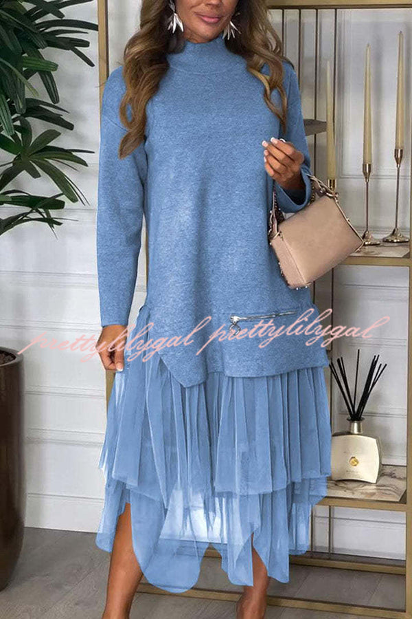 Taylor Knit Turtleneck Zip-Up Top & Elastic Waist Tulle Loose Midi Skirt Set - Women's Casual Winter Outfit for Office, Date Night & Holiday Parties