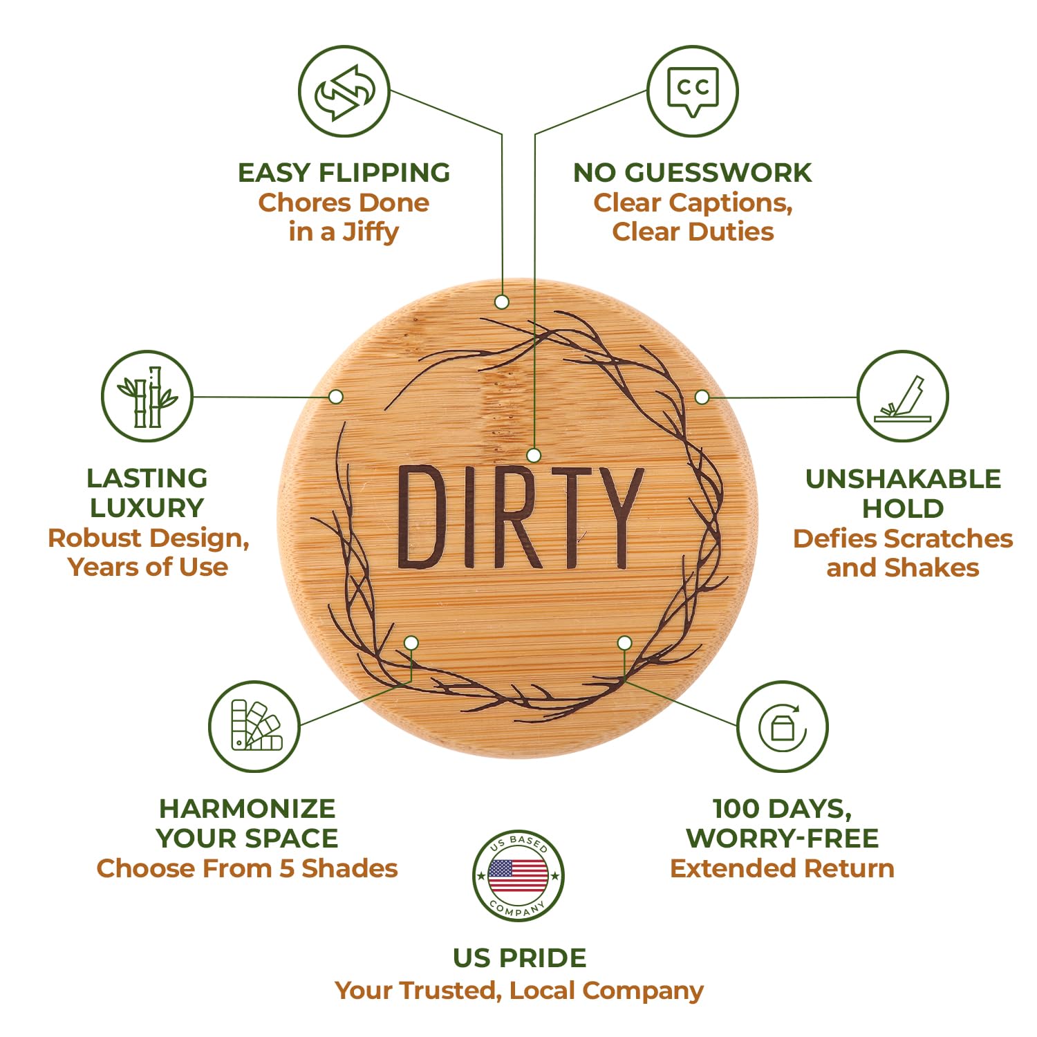 Bamboo Dishwasher Magnet Clean Dirty Sign - Eco-Friendly Dishwasher Indicator for Kitchen, Dishwasher Status Magnet for Home & Office Use