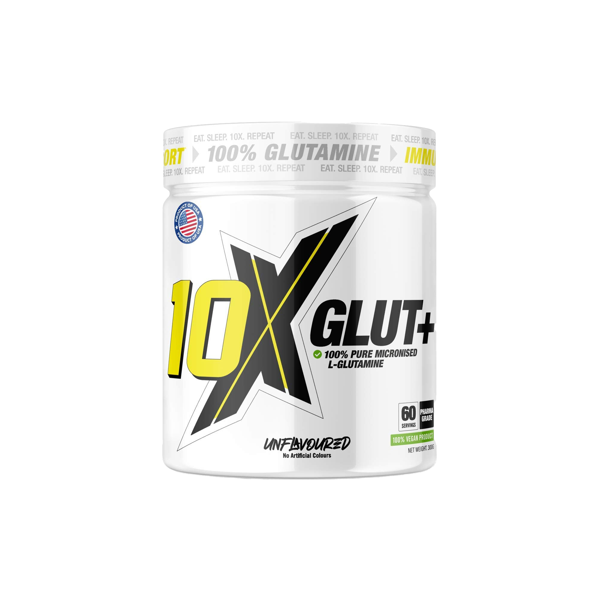 10X Athletic GLUT+ 300g Unflavored Glutamine Powder - Post Workout Recovery & Muscle Growth Supplement for Athletes & Bodybuilders - Ideal for Gym, Fitness & Sports Performance