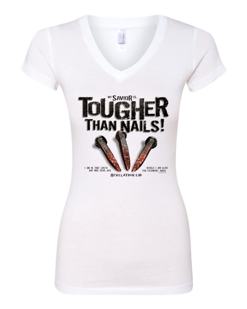 Christian Women's Inspirational V-Neck T-Shirt with Bible Verse - My Savior is Tougher Than Nails - Junior Fit Tee for Church, Bible Study & Everyday Faith Wear