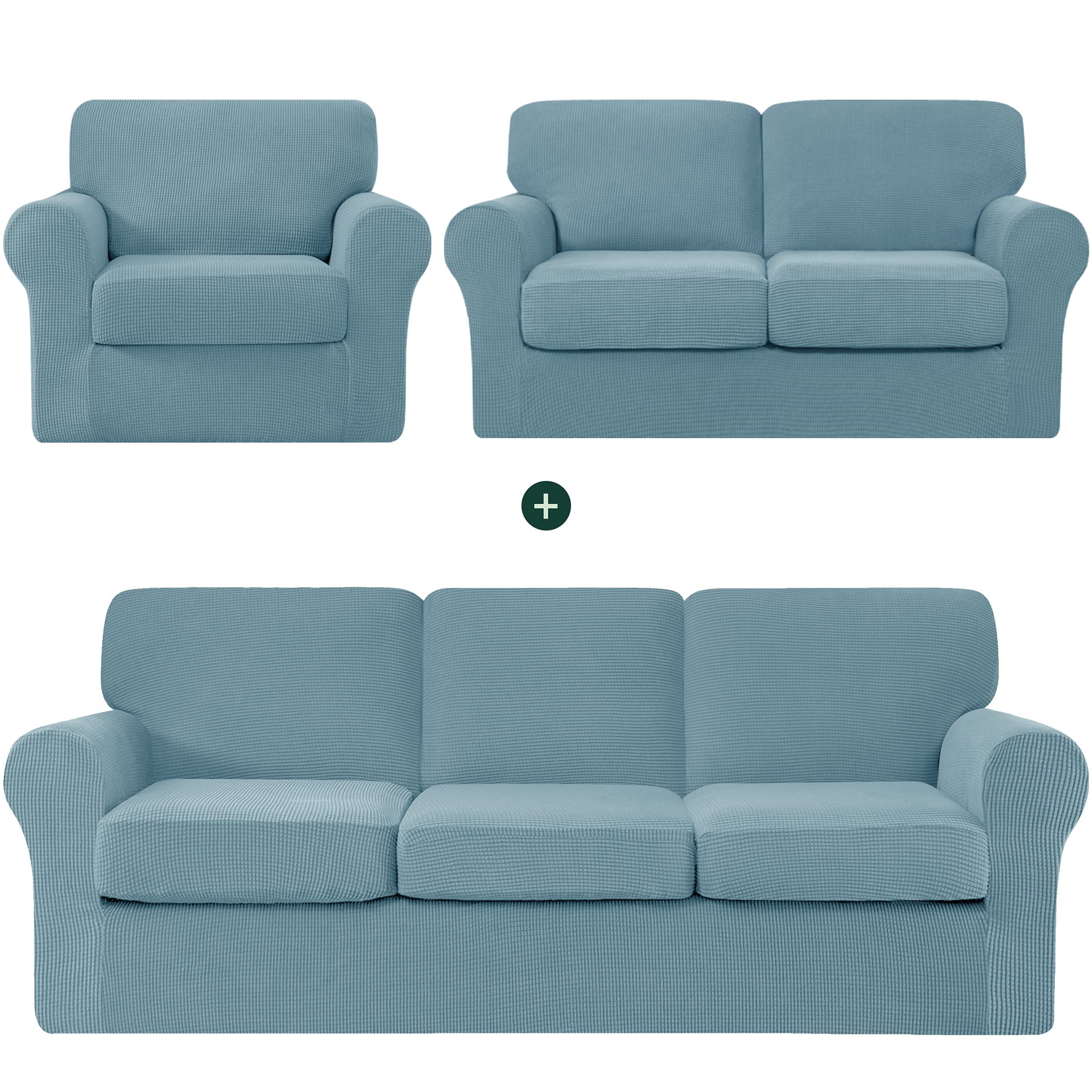 CHUN YI Small Armchair Cover & Loveseat Sofa Slipcover Set - Large Couch Protector with Detachable Backrests & Cushions (Smoky Blue) | Perfect for Living Room Furniture Protection, Pet-Friendly Home Decor