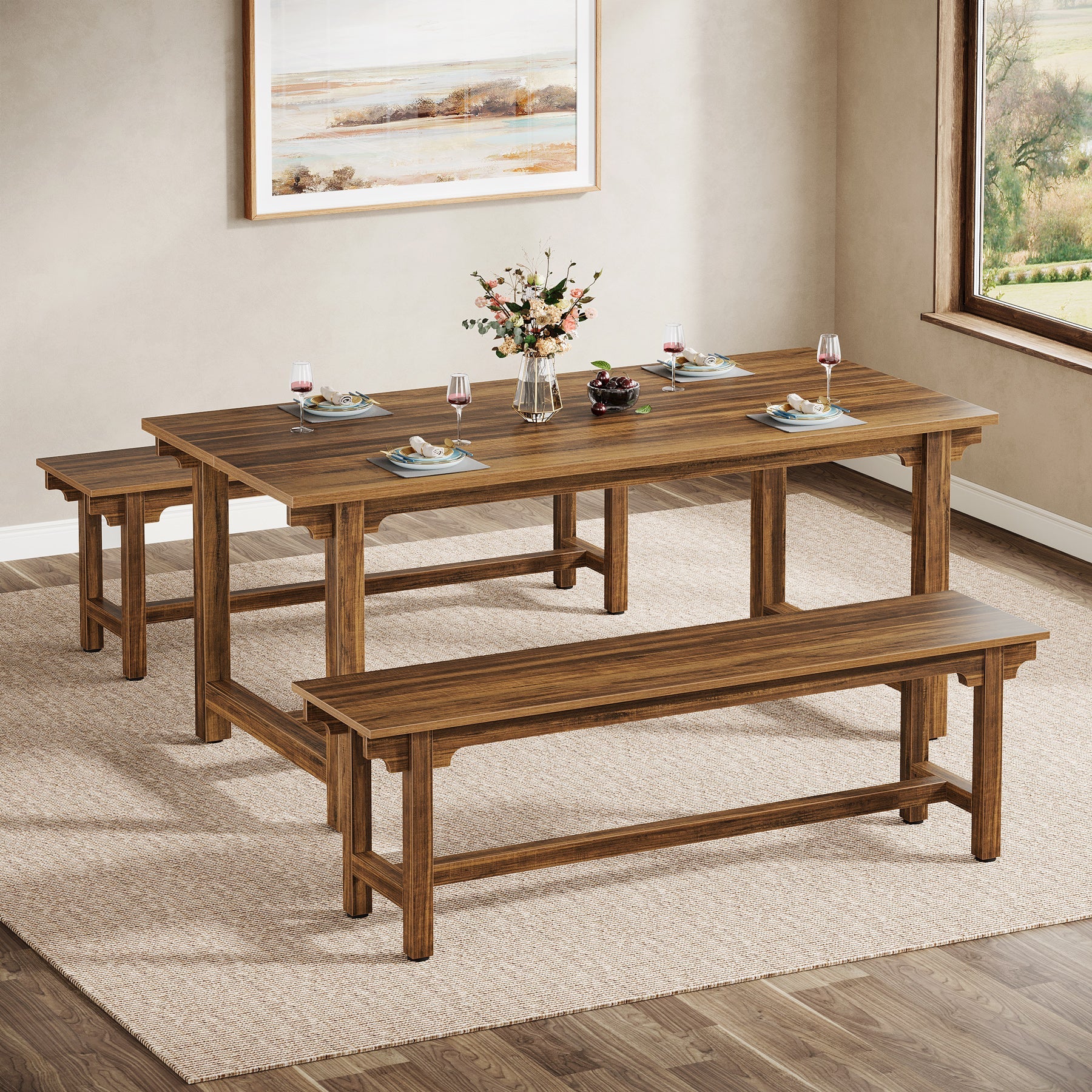 55 Inch 3-Piece Dining Table Set with 2 Benches - Modern Kitchen Table for Small Spaces, Breakfast Nook, and Family Gatherings