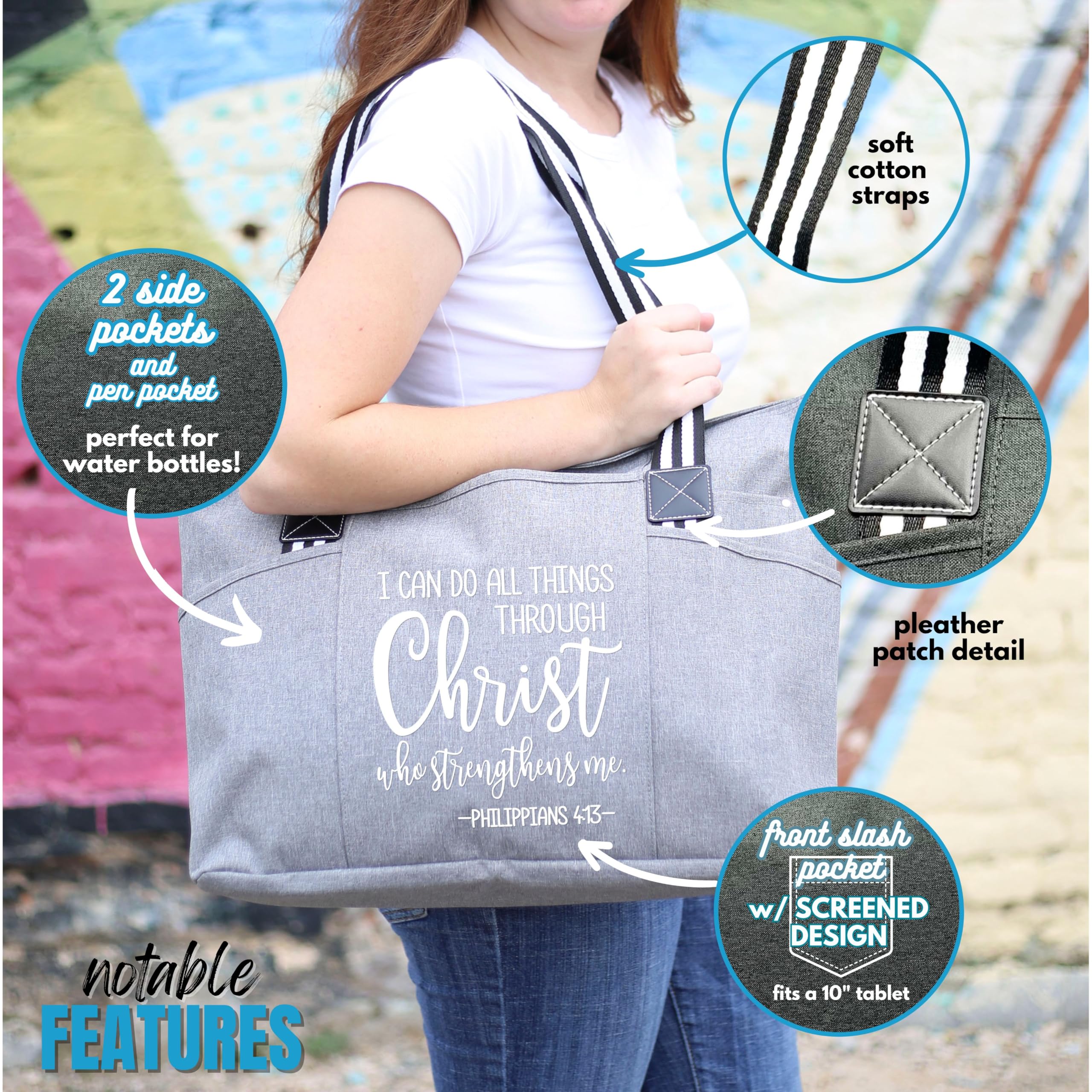 Brooke & Jess Designs Large Zippered Inspirational Tote Bags for Women - Christian Gift Ideas - Perfect for Church, Bible Study & Daily Use