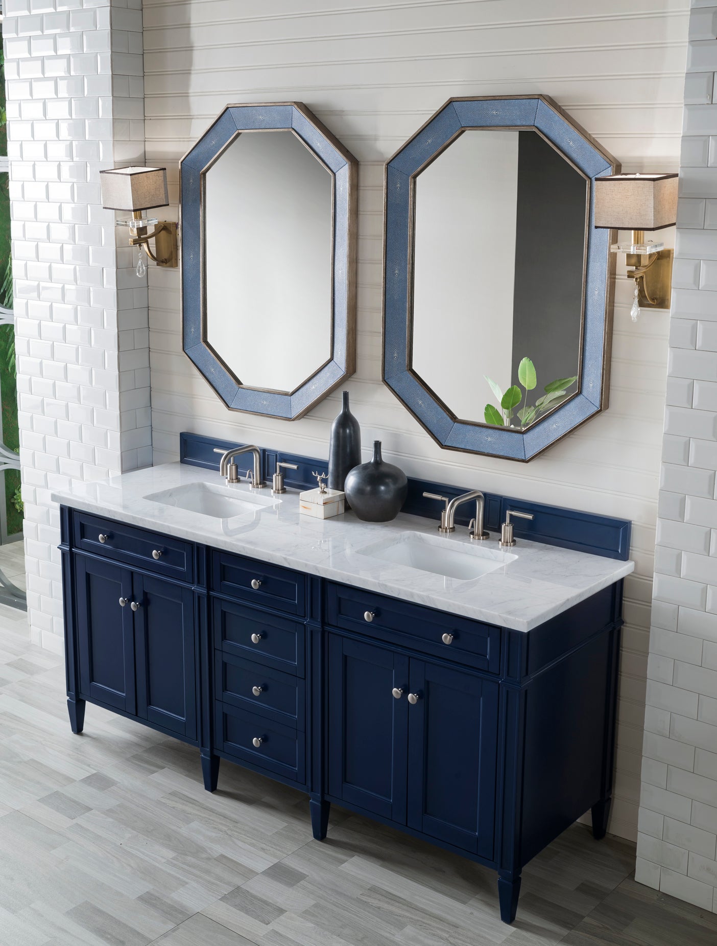Brittany 72 Inch Victory Blue Double Vanity with 3CM Carrara Marble Top - Perfect for Modern Bathroom Renovation & Luxury Home Decor