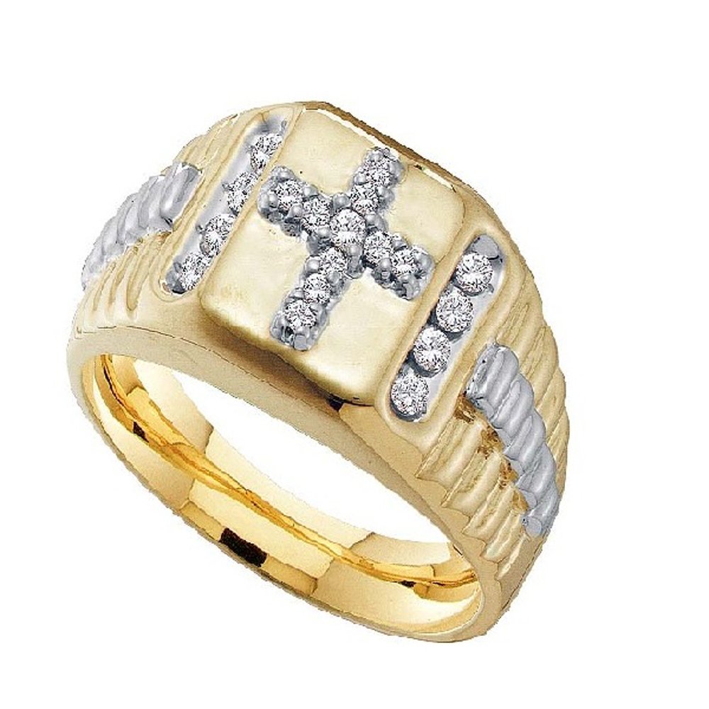 GEMSPARKLES 14K Yellow Gold Plated 925 Sterling Silver 1/2Ct Round Cut Cubic Zirconia Diamond Cross Wedding Band Ring for Men - Perfect for Engagement, Anniversary Gifts & Everyday Wear