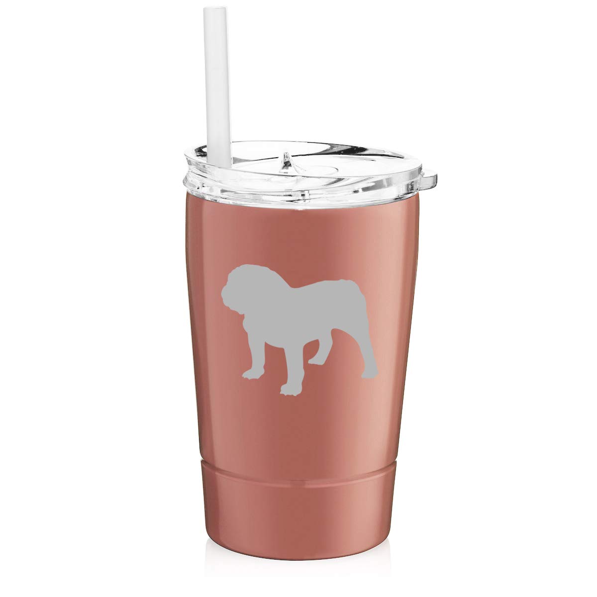 12 oz Double Wall Stainless Steel Vacuum Insulated Tumbler with Straw - Rose Gold Coffee Travel Mug for Hot & Cold Drinks | Bulldog Design | Perfect for Office, Gym, Hiking & Car Commute