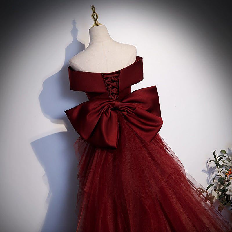 Elegant Burgundy Mermaid Evening Gown - Off Shoulder Satin Prom Dress for Women | Perfect for Formal Events, Weddings & Special Occasions