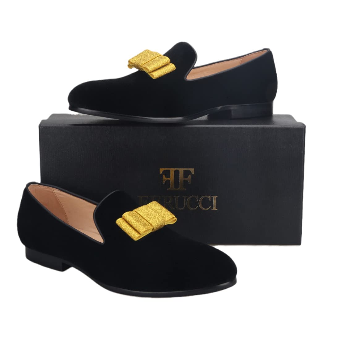 FERUCCI Men's Black Velvet Loafers with Gold Bow - Elegant Formal Slippers for Prom, Wedding & Special Occasions