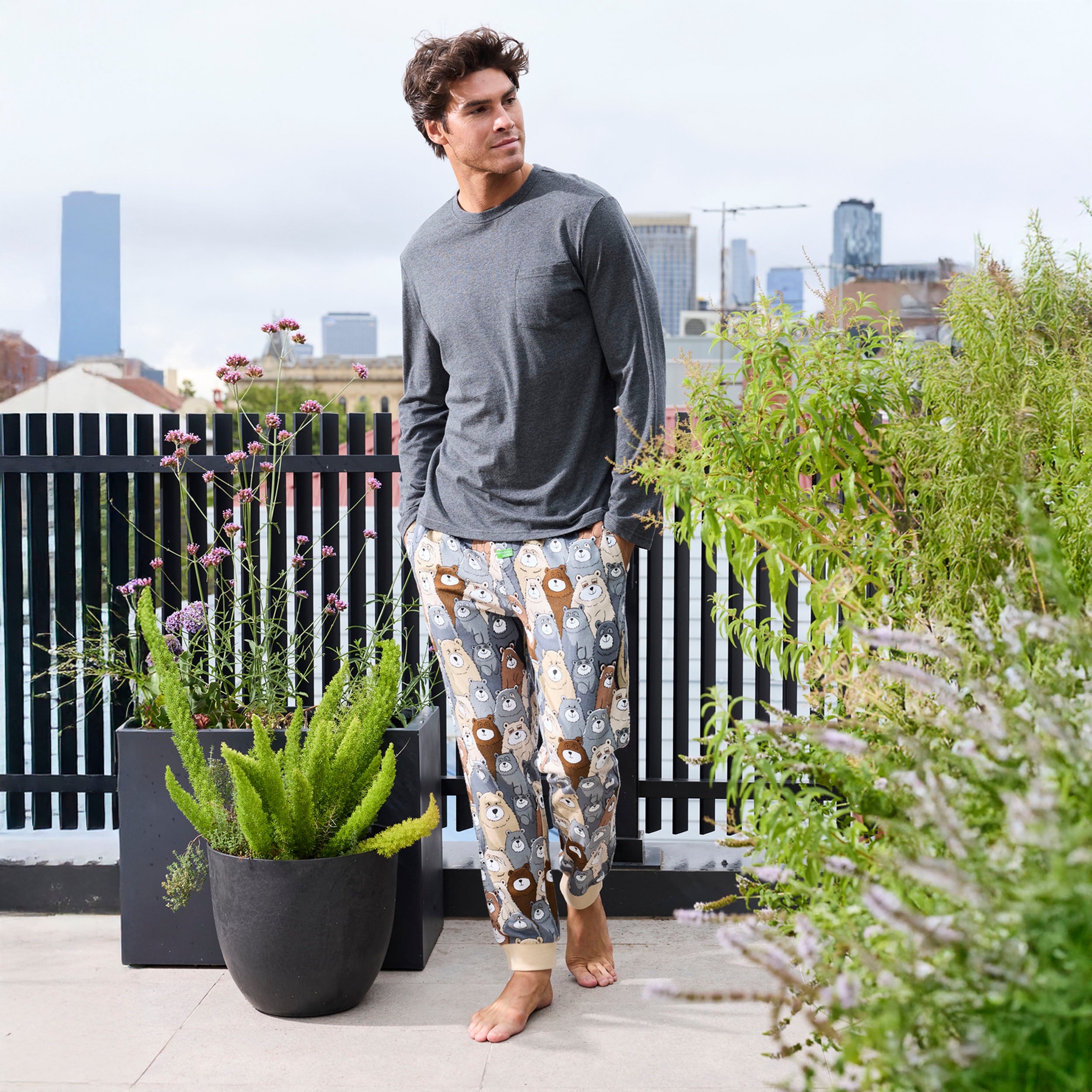 Men's Relaxed Cotton Long Sleeve Sleep Tee - Dark Grey Marle - Soft & Comfortable Pajama Top for Nightwear, Lounging & Travel