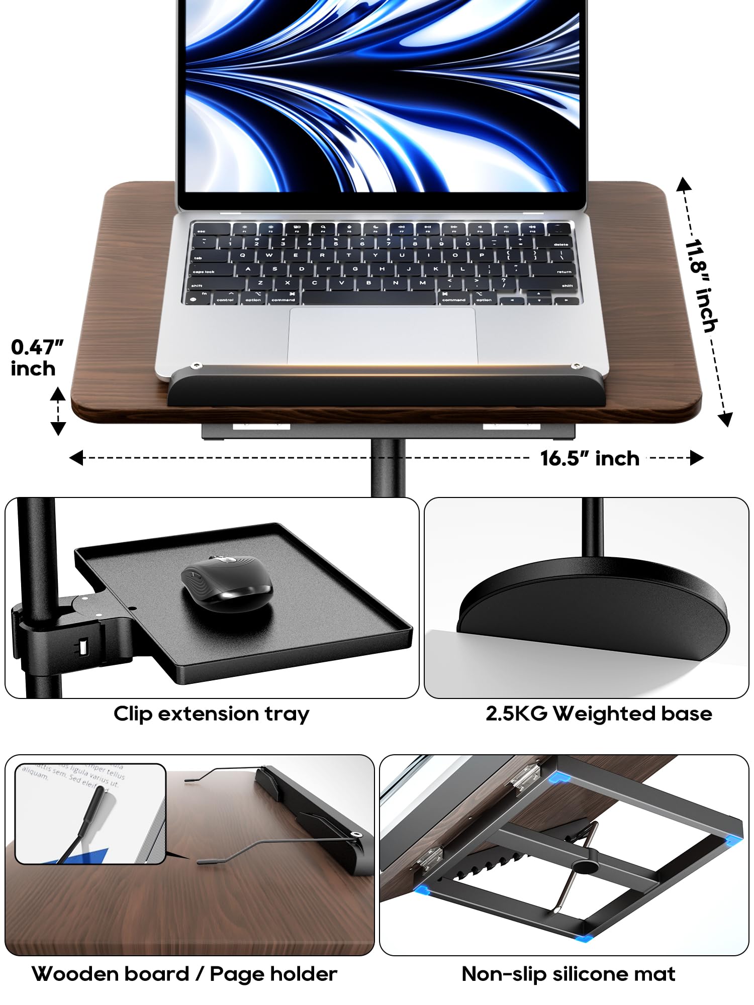 2 in 1 Adjustable Book Stand - Dual-Use Floor & Desktop Book Holder for Reading, Cooking & Work, Height Adjustable 23.5-52 inches, Elastic Page Clips for Music Sheets, Recipes, Tablets & Laptops - Black | Perfect for Home Office, Kitchen & Music Practice